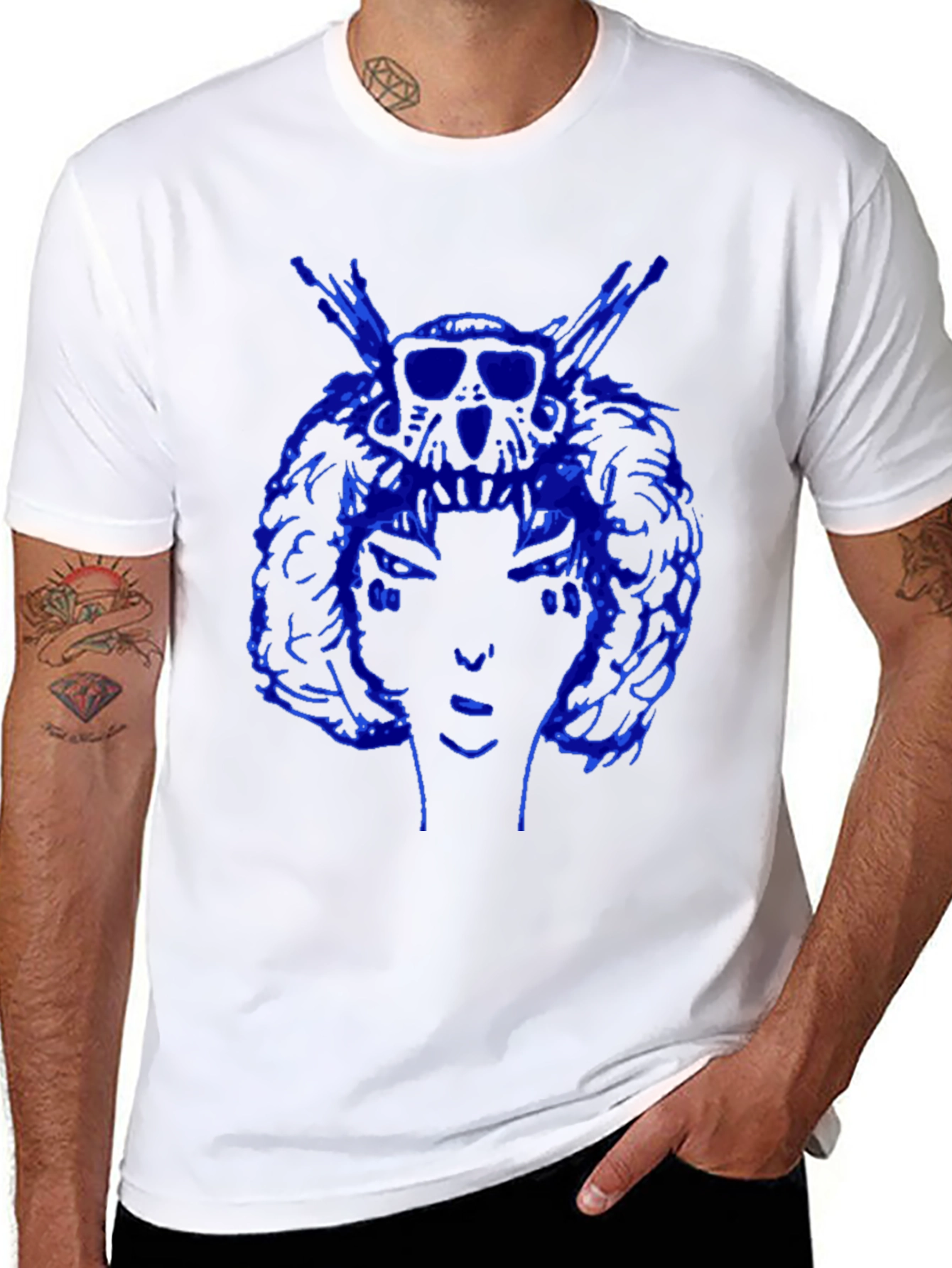 Blue Graphic Print Black Tee