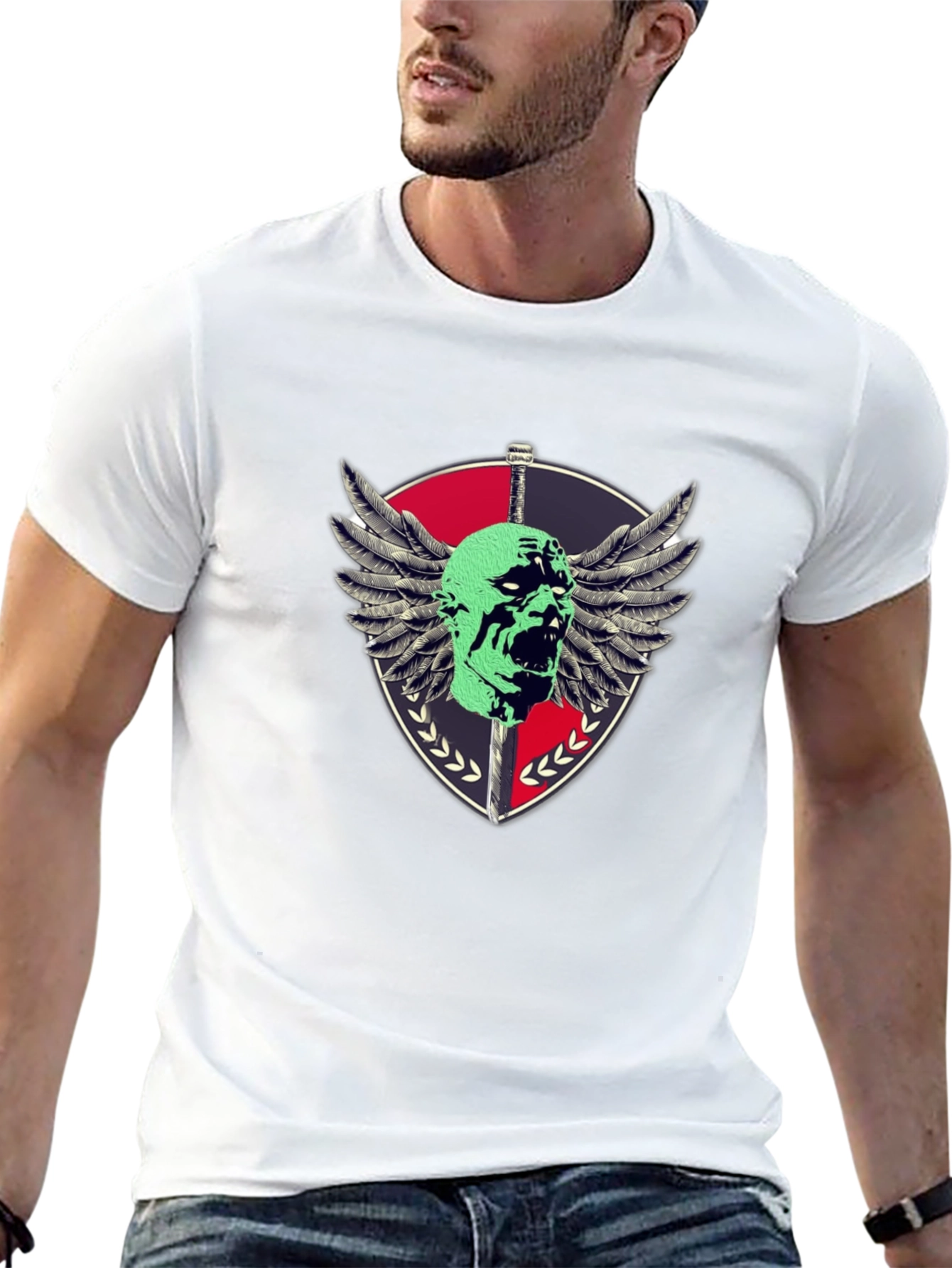 Edgy Shield & Skull Graphic Black T-Shirt