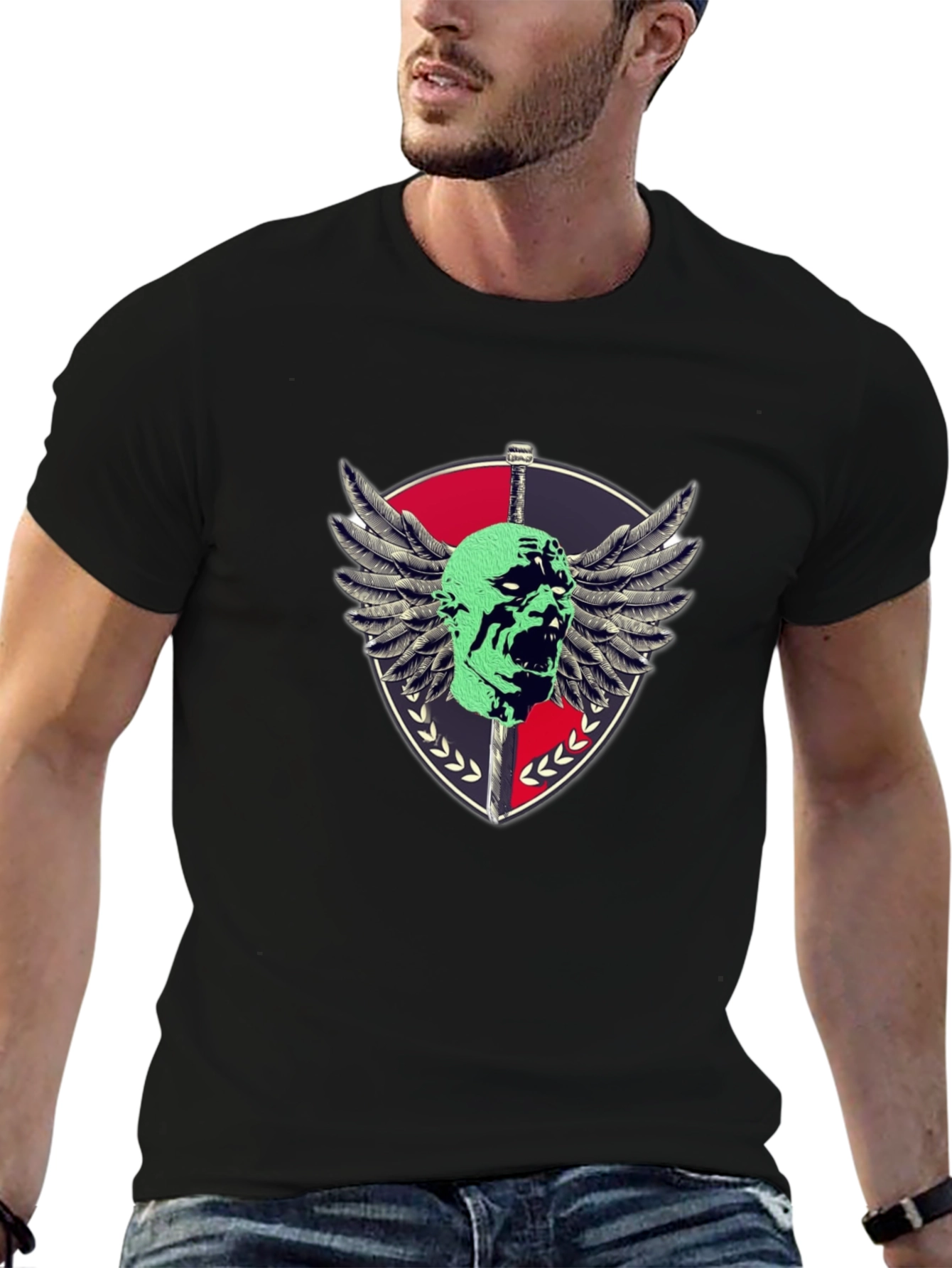 Edgy Shield & Skull Graphic Black T-Shirt
