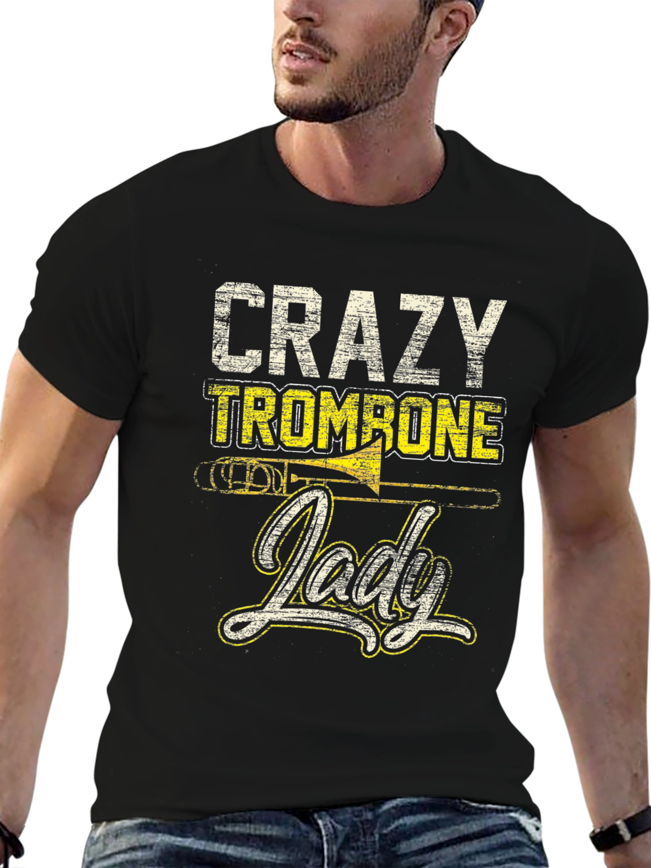 Crazy Trombone Lady Black T-Shirt - Music Lover Tee