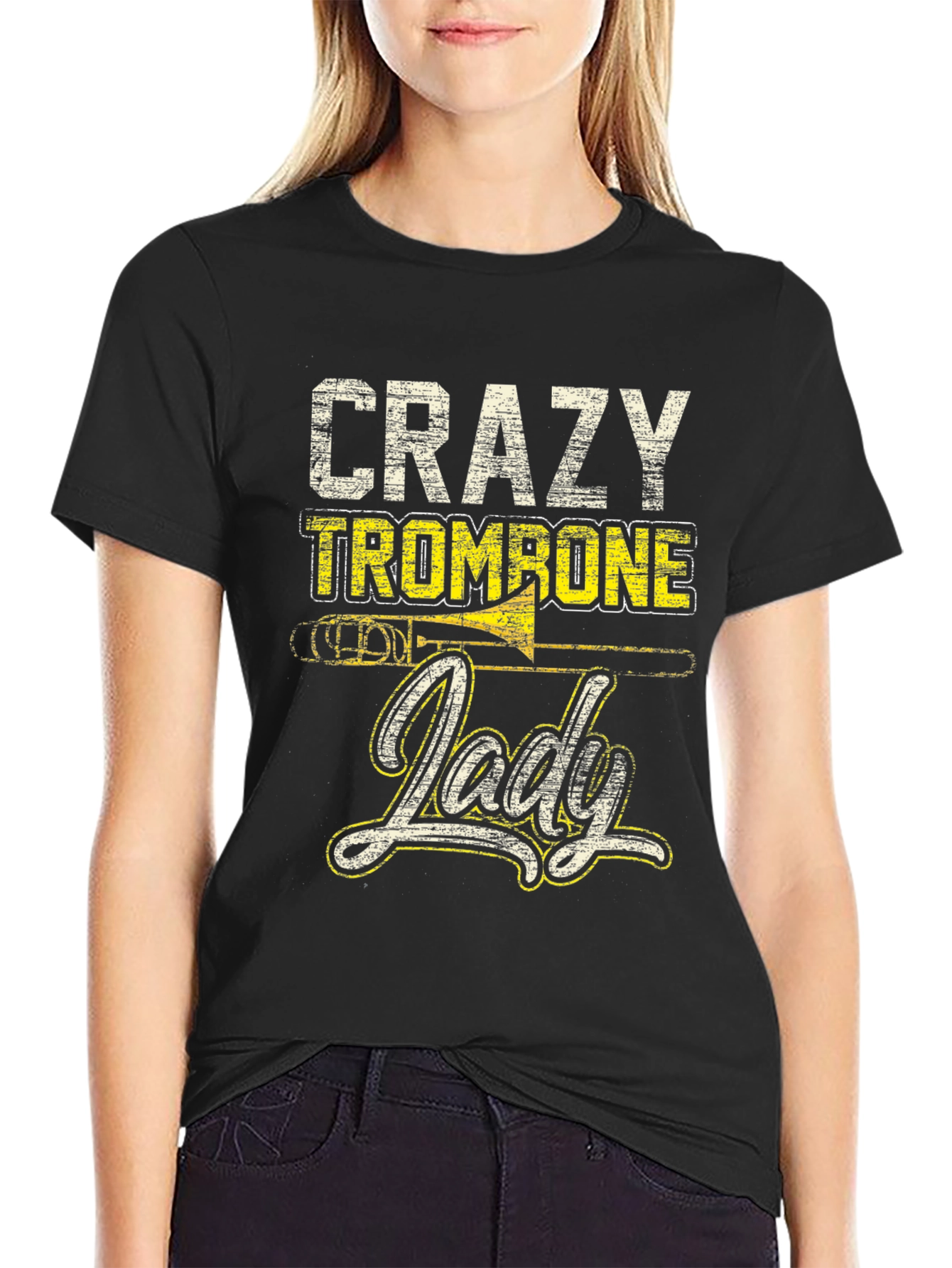 Crazy Trombone Lady Black T-Shirt - Music Lover Tee