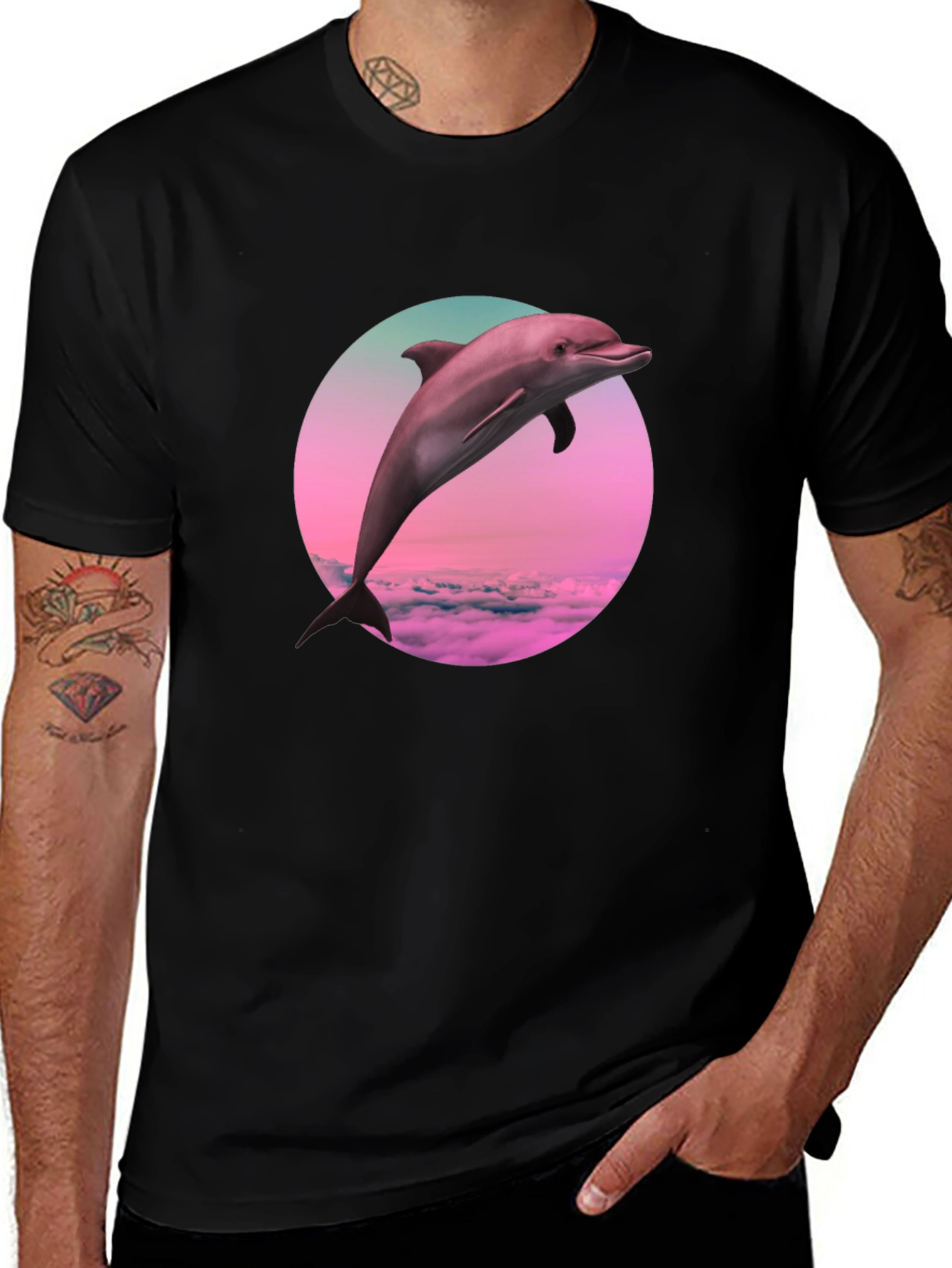 Dolphin Sunset T-Shirt - Black Crew Neck