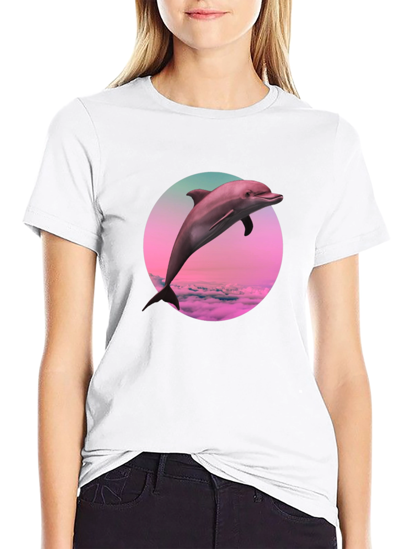 Dolphin Sunset T-Shirt - Black Crew Neck
