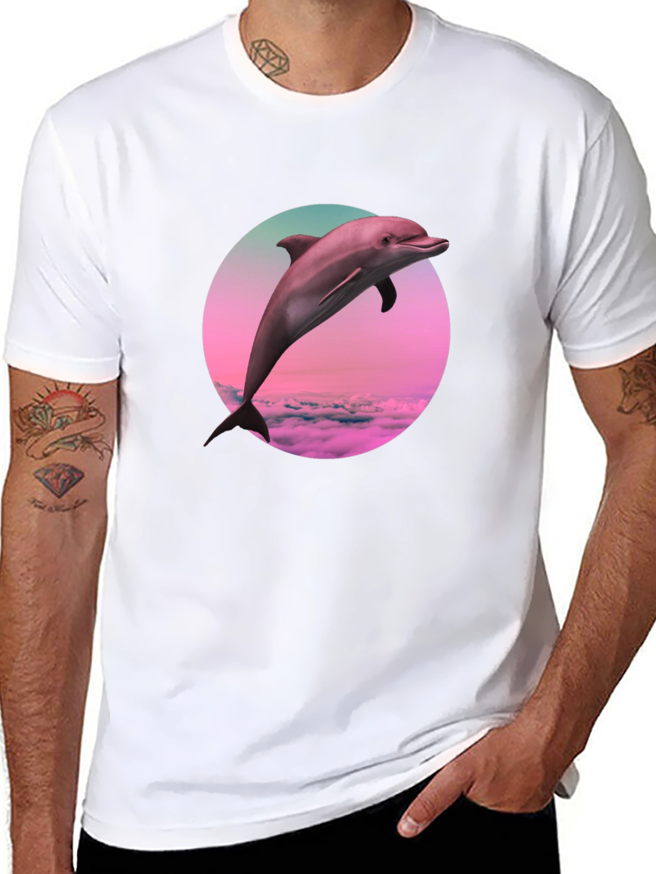 Dolphin Sunset T-Shirt - Black Crew Neck