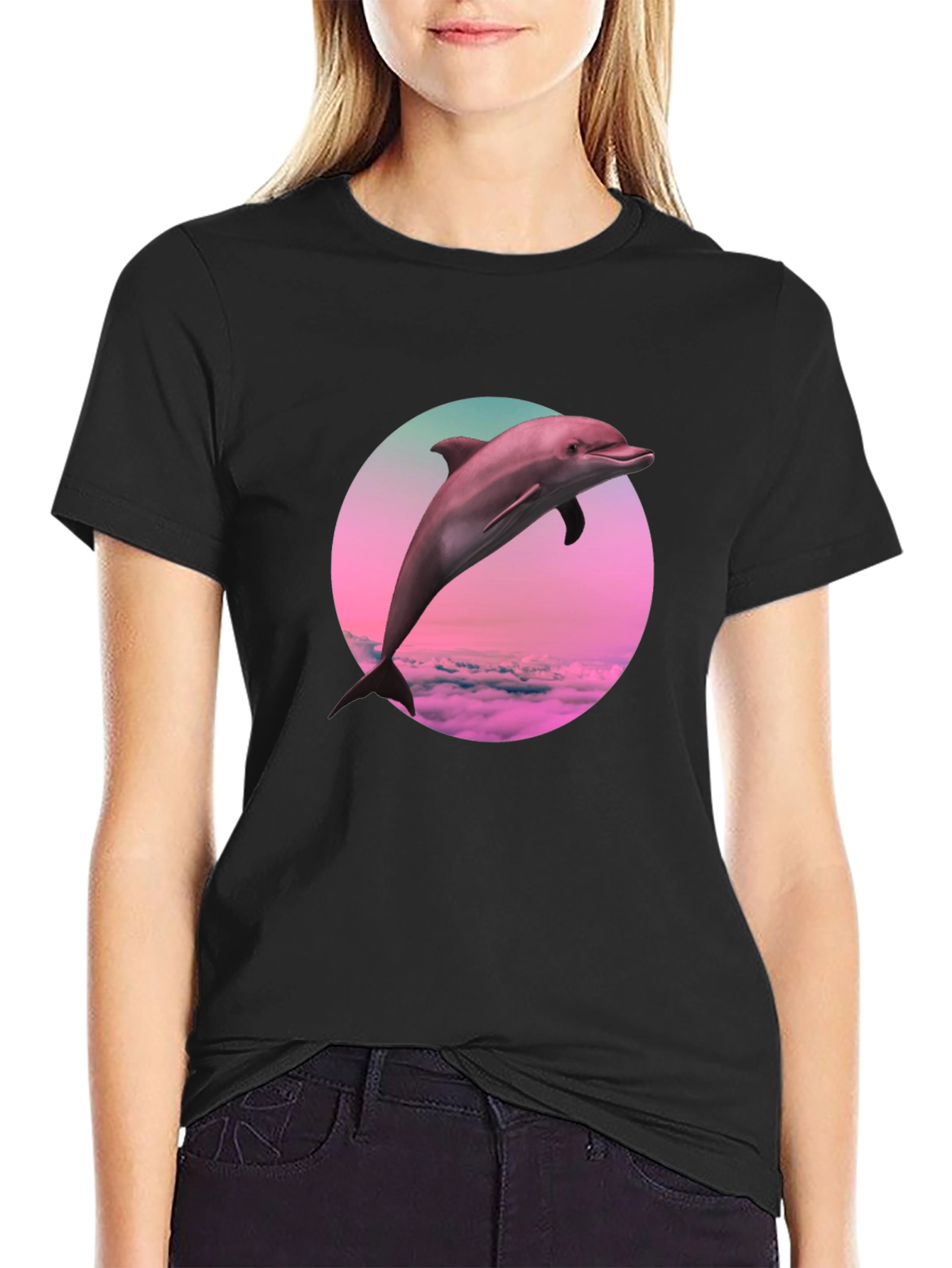 Dolphin Sunset T-Shirt - Black Crew Neck