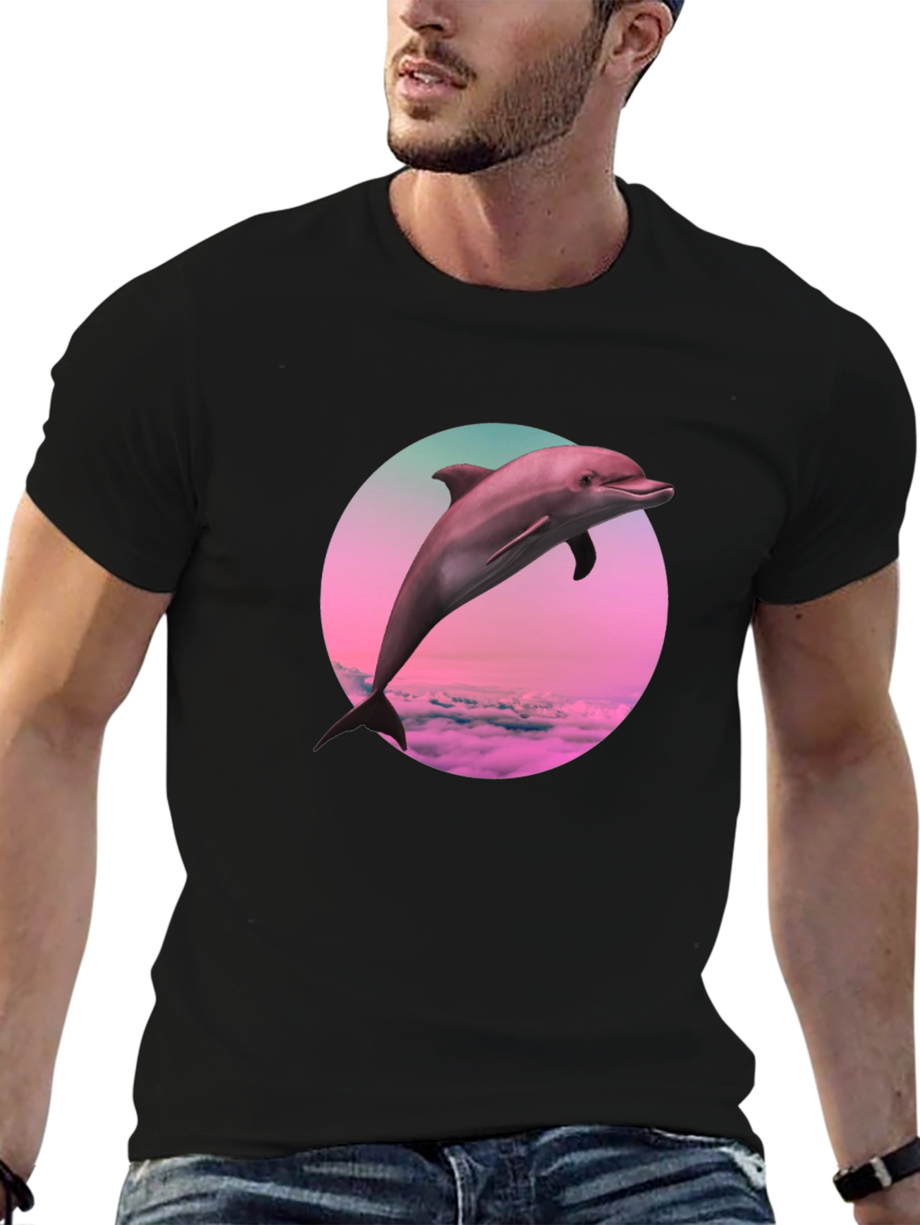 Dolphin Sunset T-Shirt - Black Crew Neck