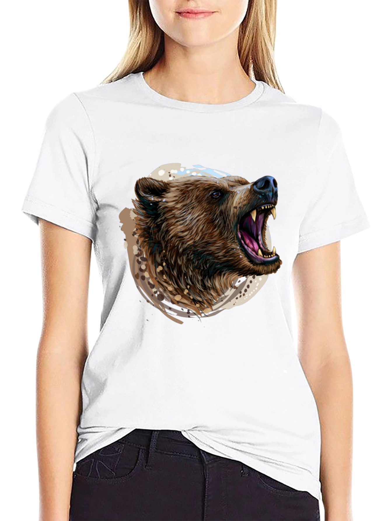 Roaring Bear Graphic Print Black T-Shirt