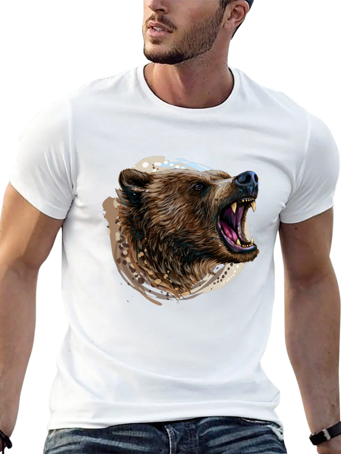 Roaring Bear Graphic Print Black T-Shirt