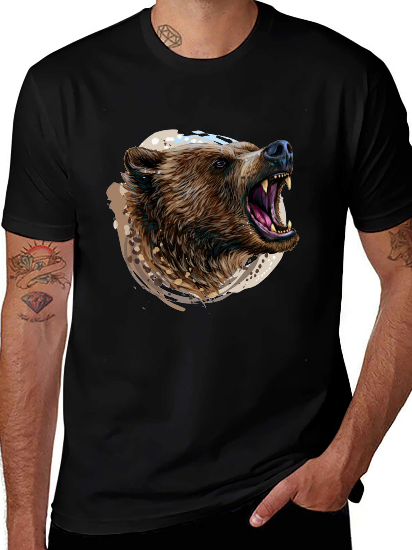 Roaring Bear Graphic Print Black T-Shirt