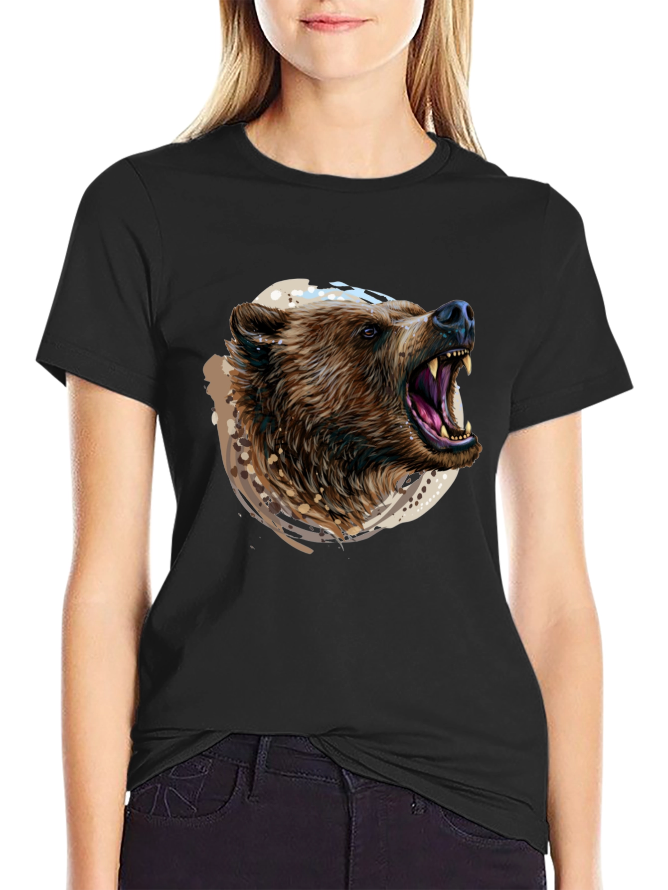 Roaring Bear Graphic Print Black T-Shirt
