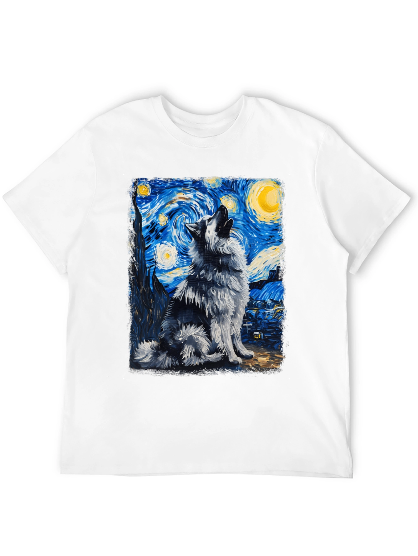 Starry Night Wolf Graphic Tee - Artistic Mens T-Shirt