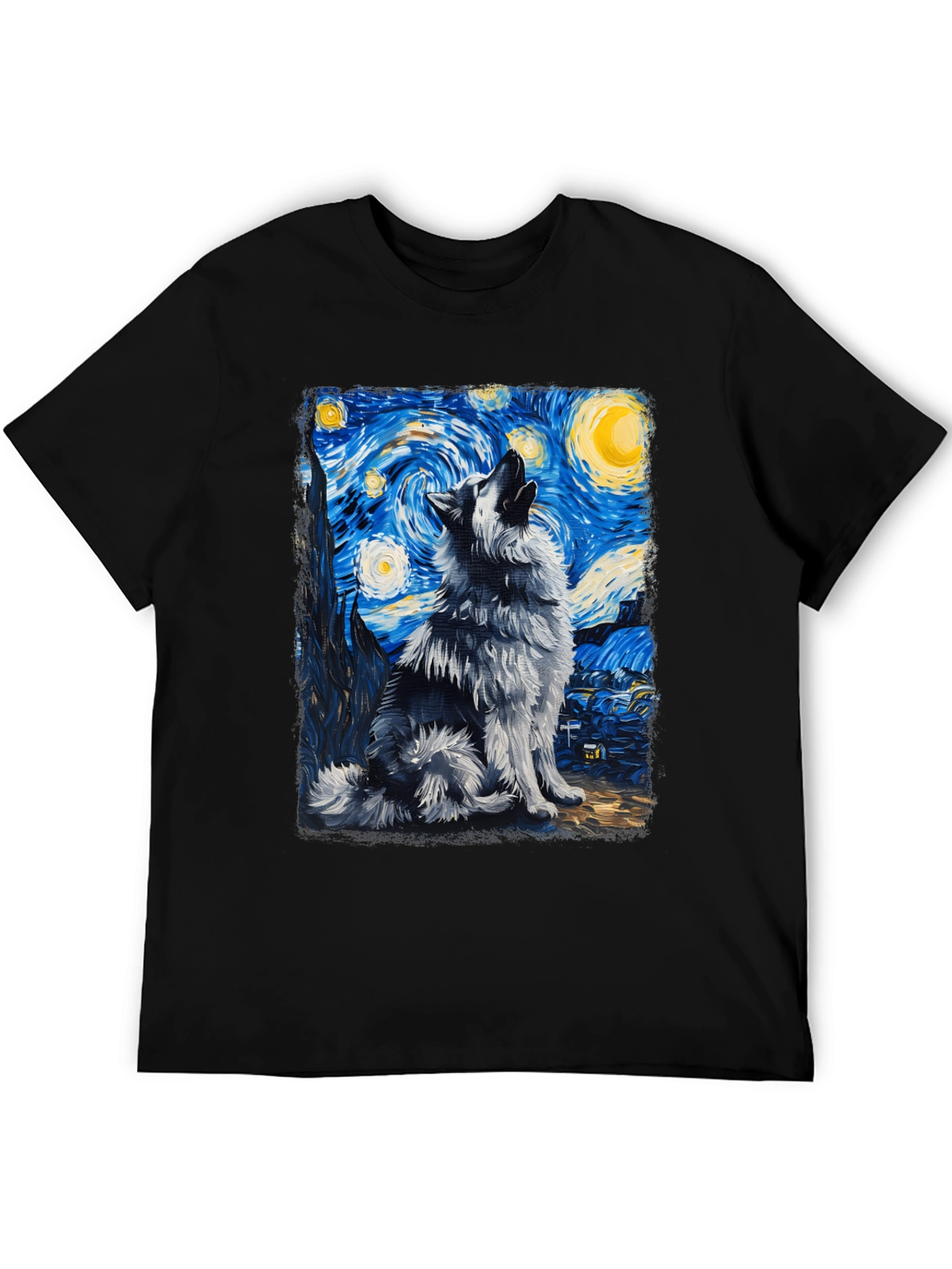 Starry Night Wolf Graphic Tee - Artistic Mens T-Shirt