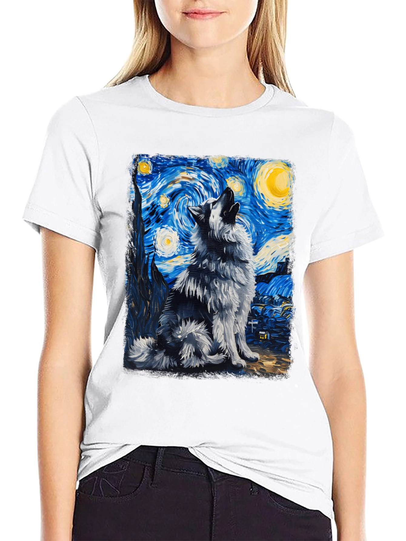 Starry Night Wolf Graphic Tee - Artistic Mens T-Shirt