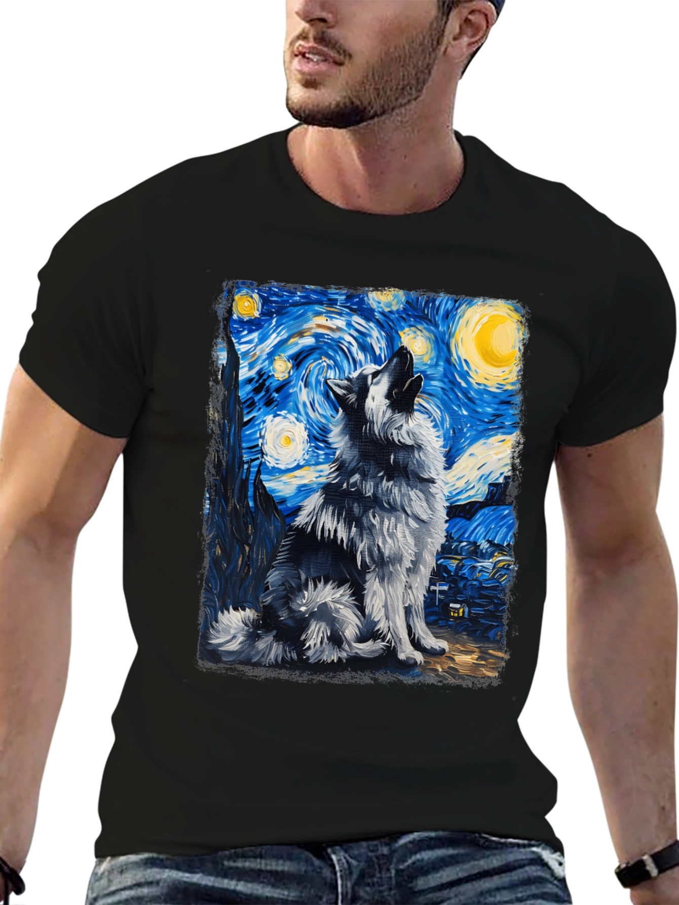 Starry Night Wolf Graphic Tee - Artistic Mens T-Shirt