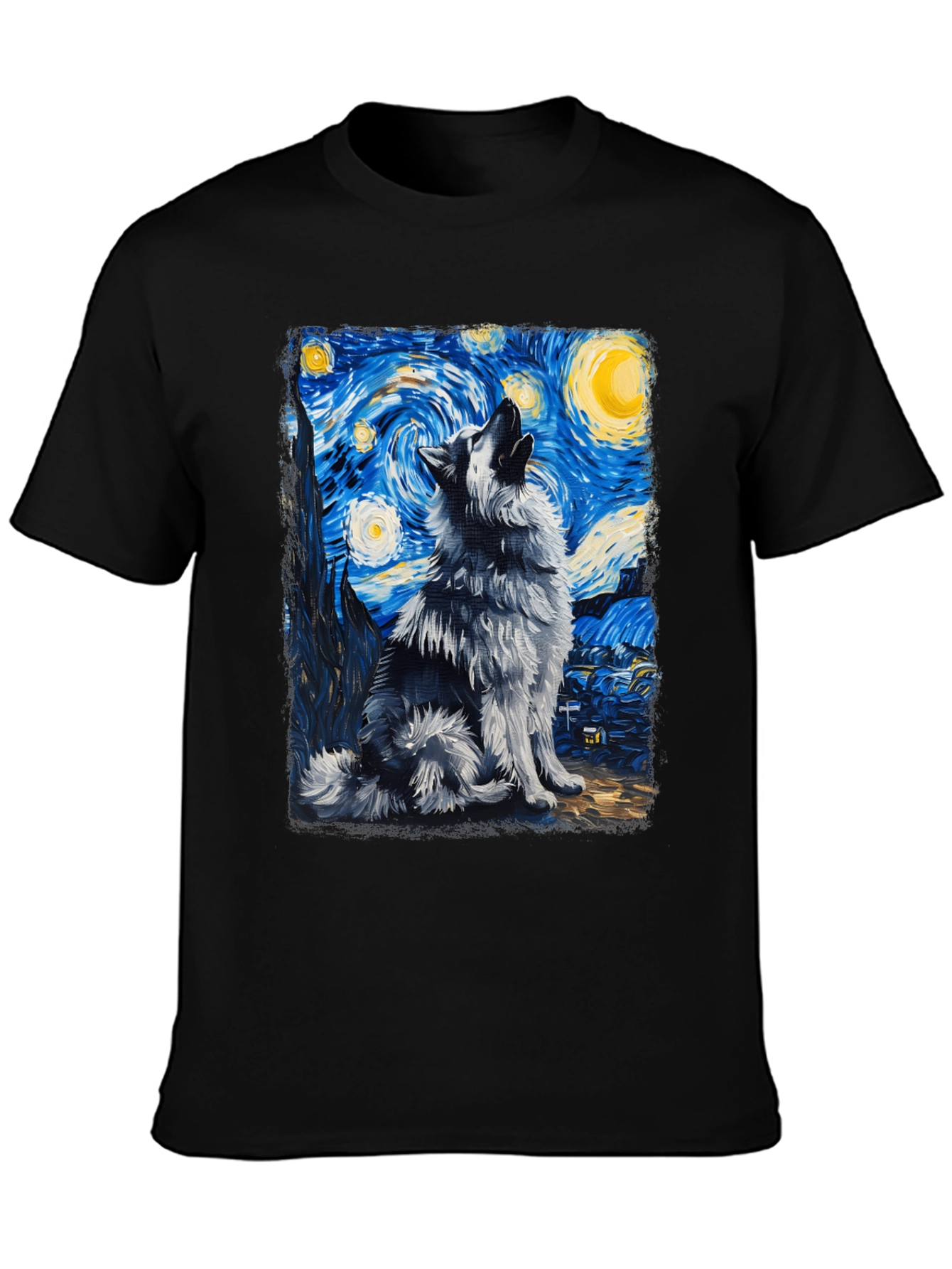 Starry Night Wolf Graphic Tee - Artistic Mens T-Shirt