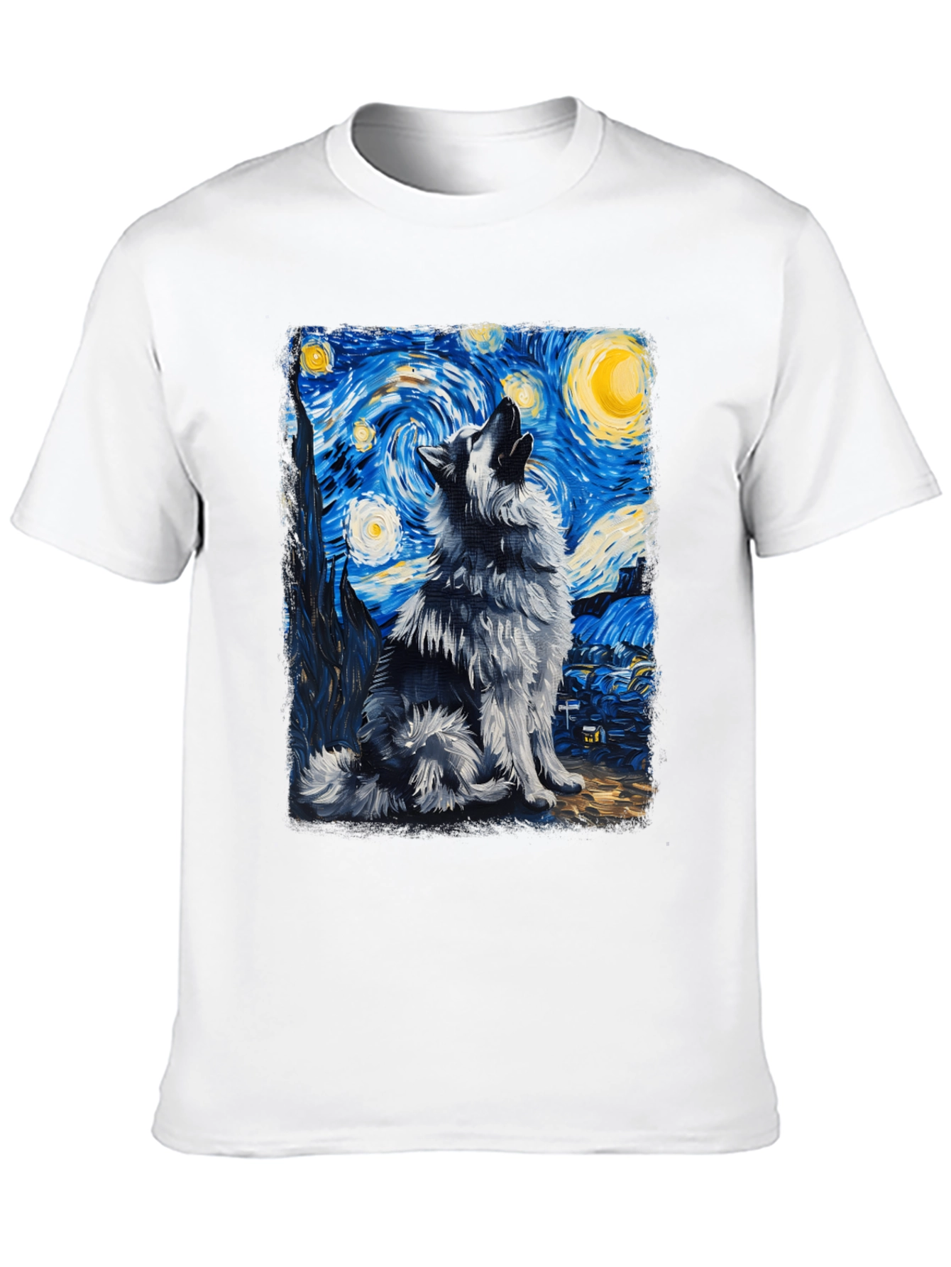 Starry Night Wolf Graphic Tee - Artistic Mens T-Shirt
