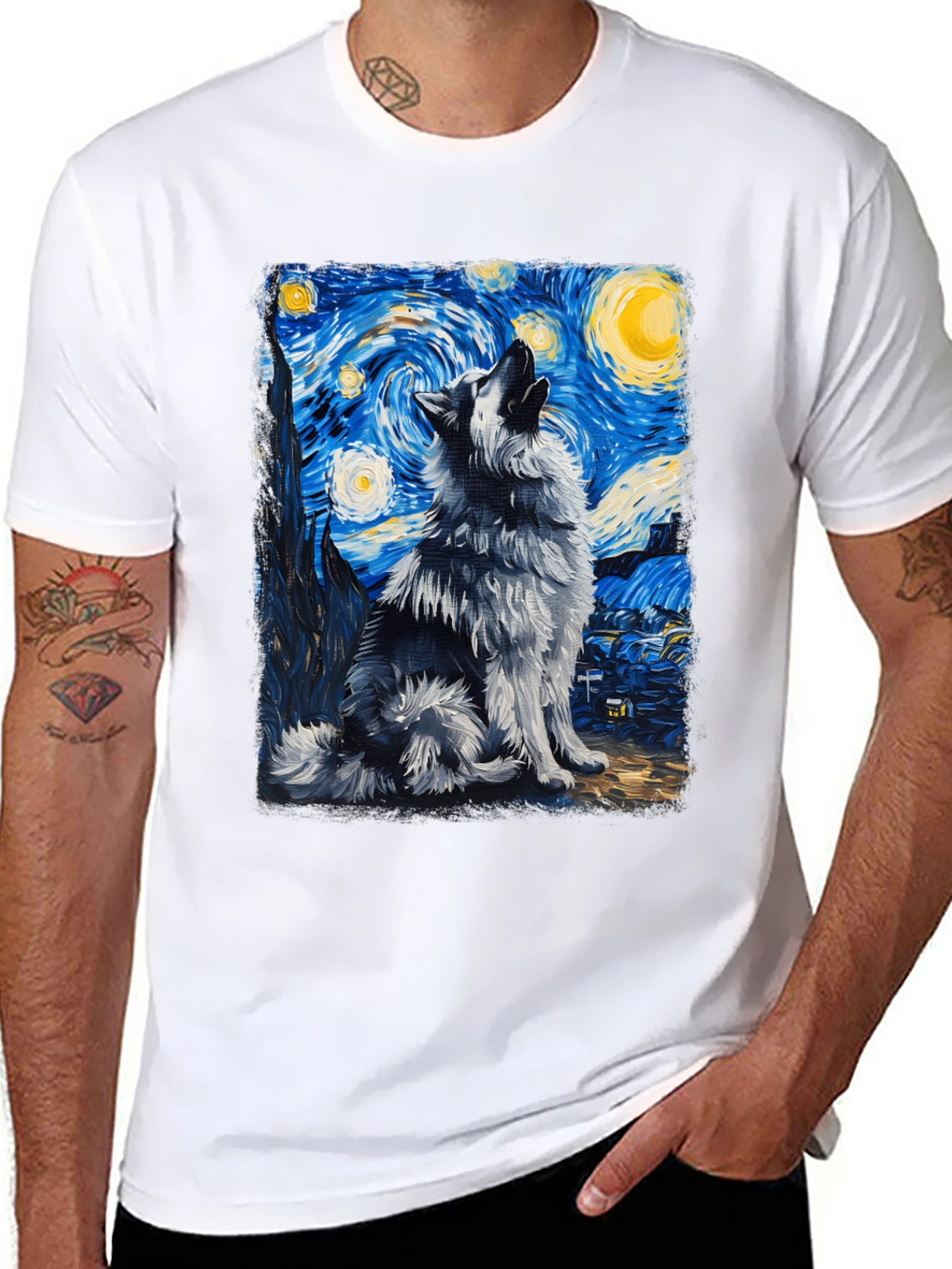 Starry Night Wolf Graphic Tee - Artistic Mens T-Shirt