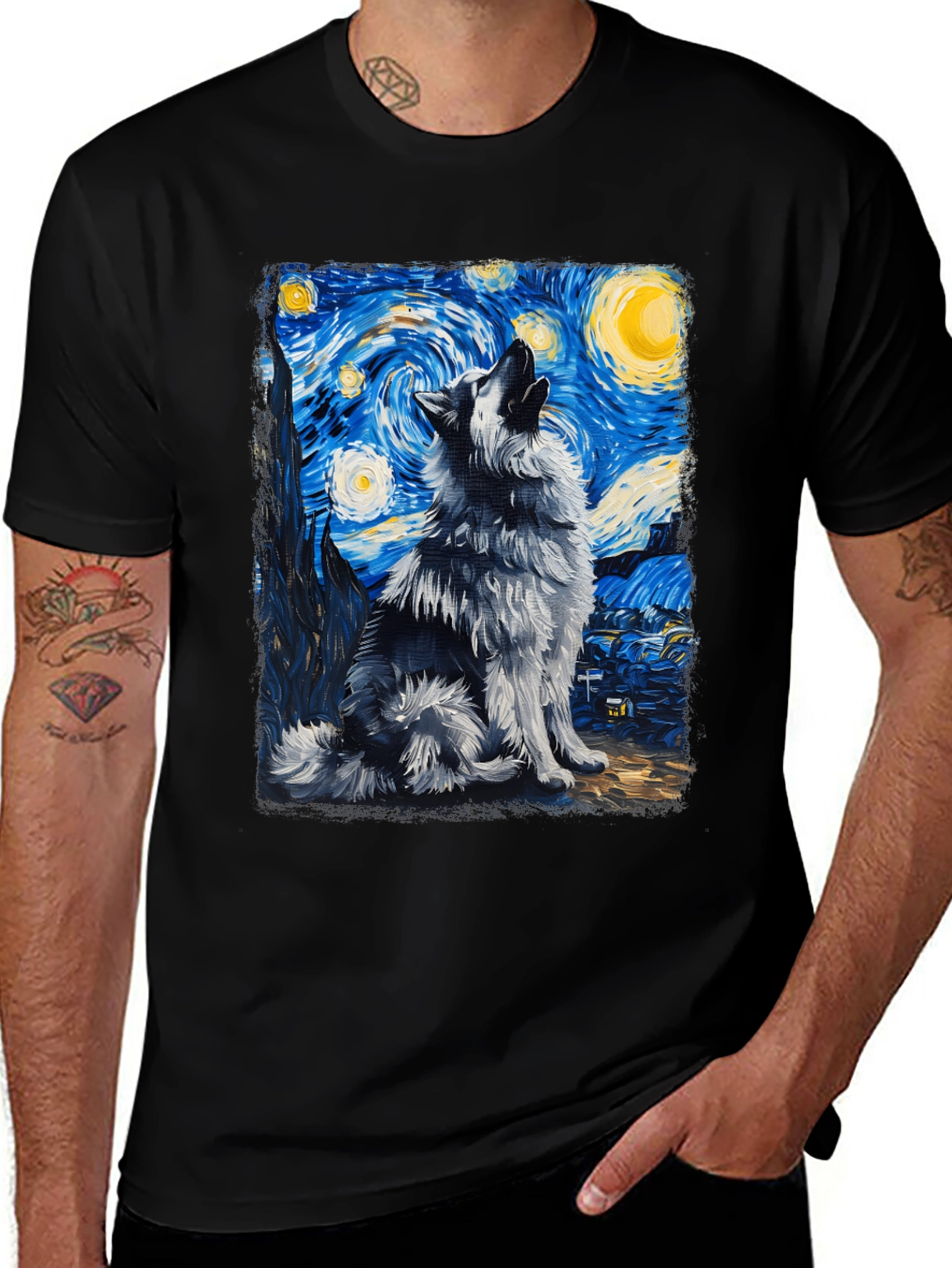 Starry Night Wolf Graphic Tee - Artistic Mens T-Shirt
