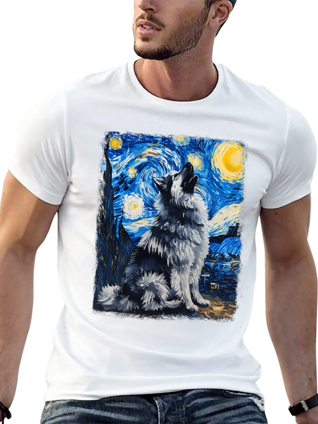 Starry Night Wolf Graphic Tee - Artistic Mens T-Shirt