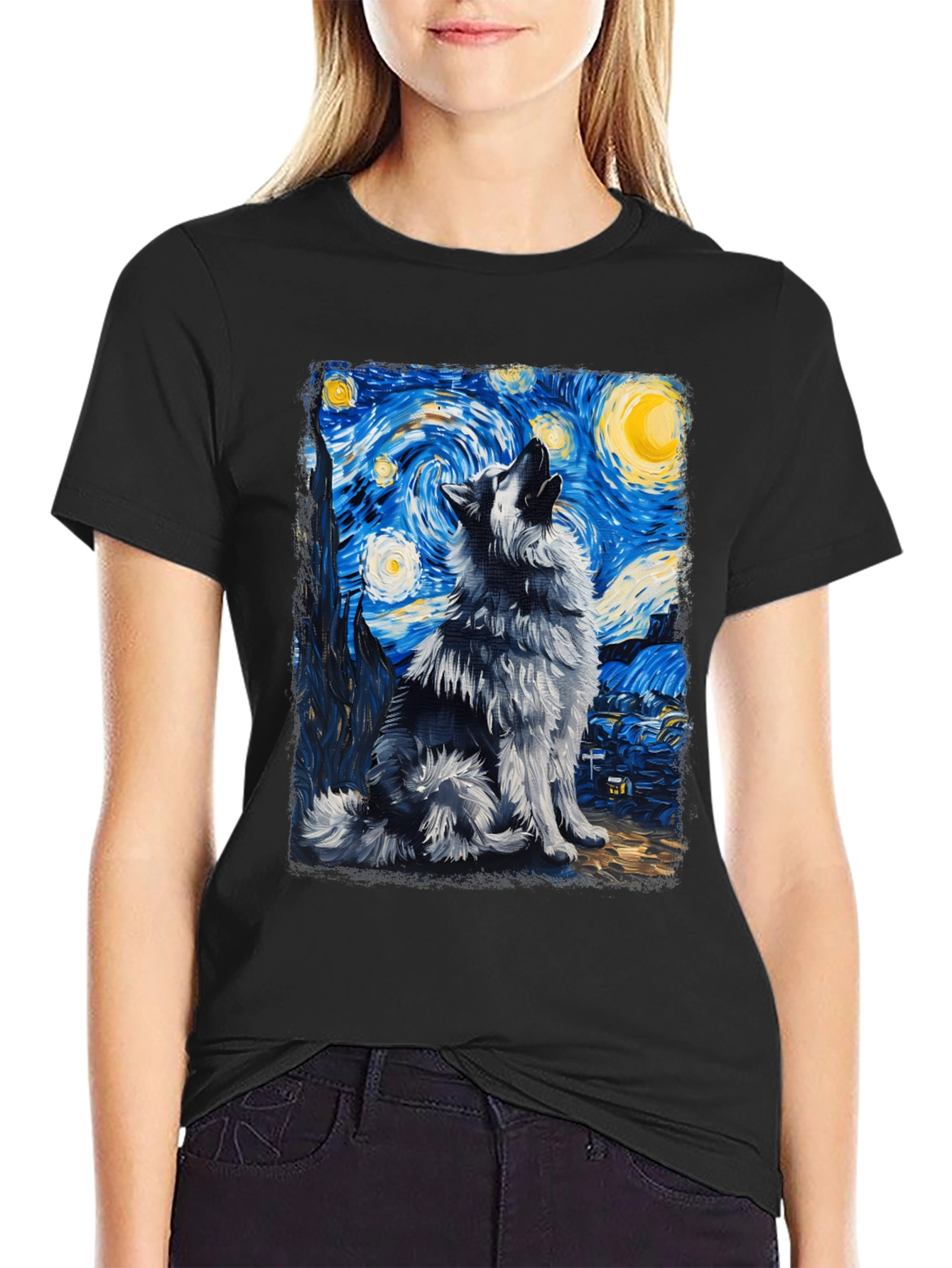 Starry Night Wolf Graphic Tee - Artistic Mens T-Shirt