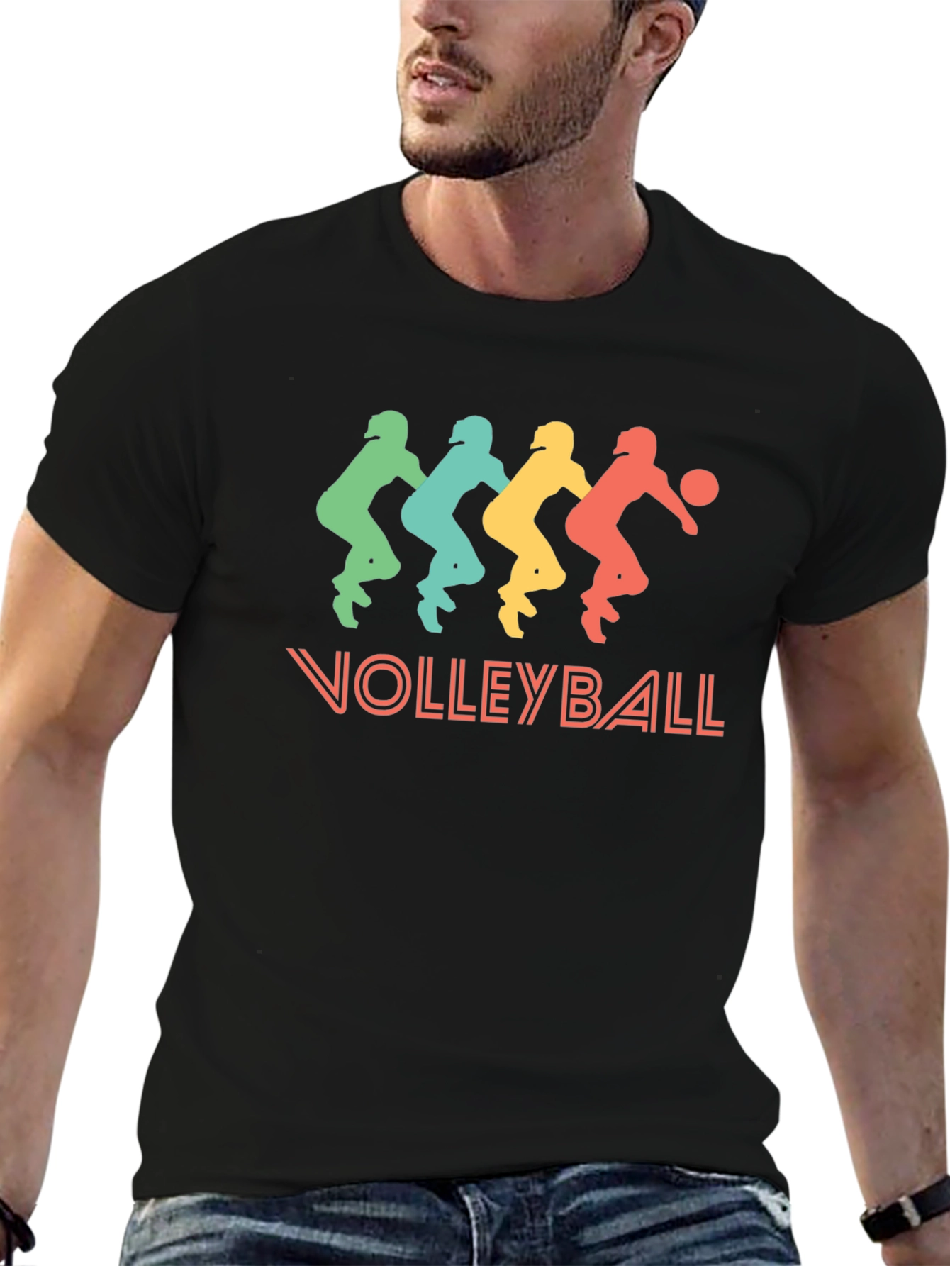 Retro Volleyball Player Graphic Tee - Black Cotton T-Shirt