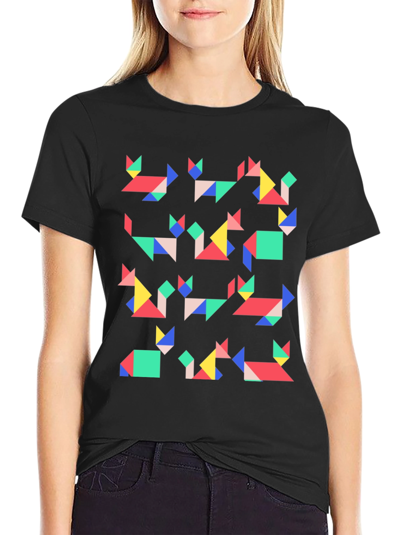 Geometric Cats Black T-Shirt | Modern Art Tee