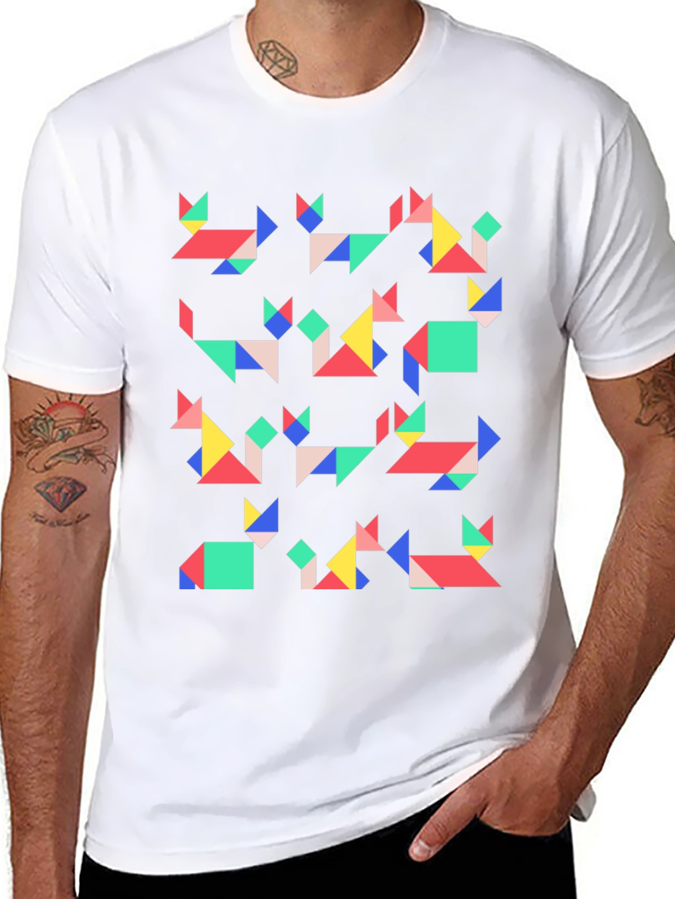 Geometric Cats Black T-Shirt | Modern Art Tee