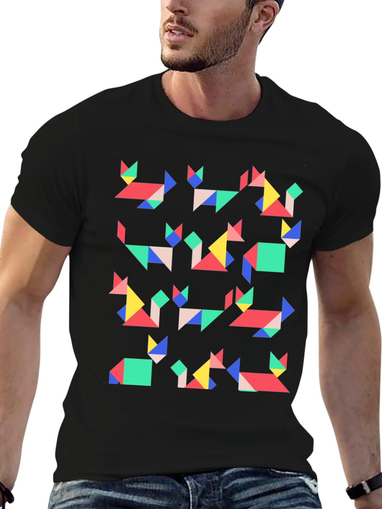 Geometric Cats Black T-Shirt | Modern Art Tee