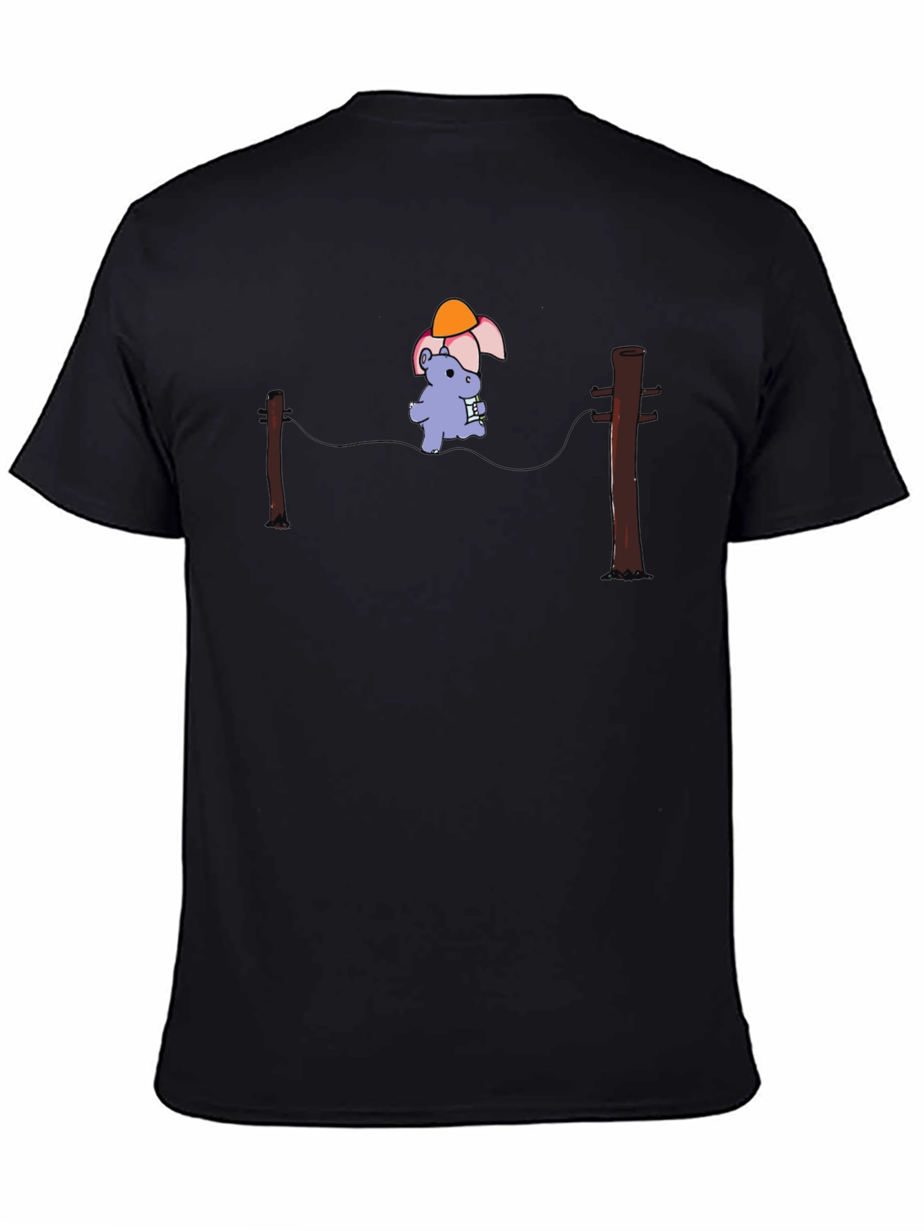 Cartoon Hippopotamus on a Wire Black T-Shirt