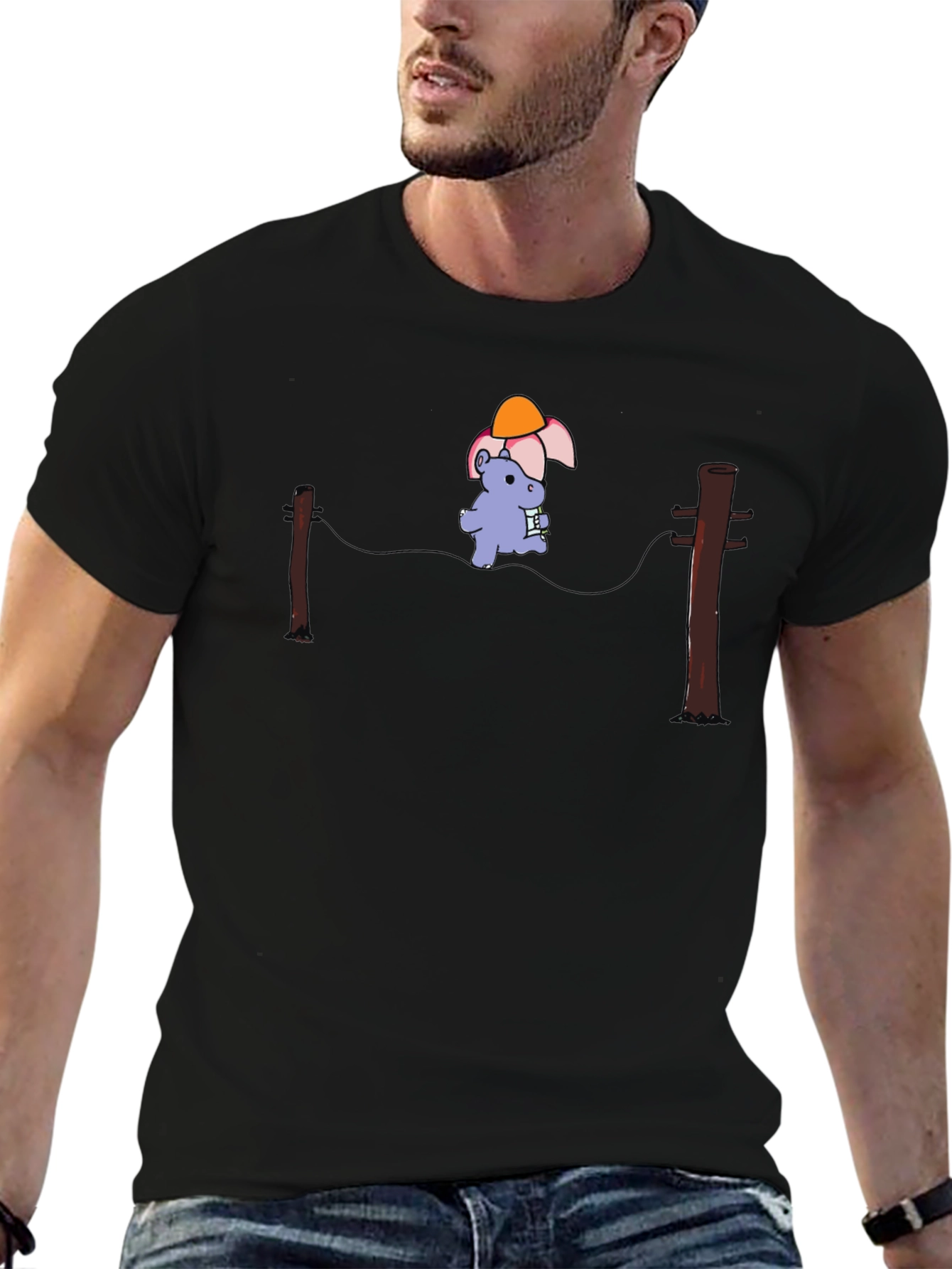 Cartoon Hippopotamus on a Wire Black T-Shirt