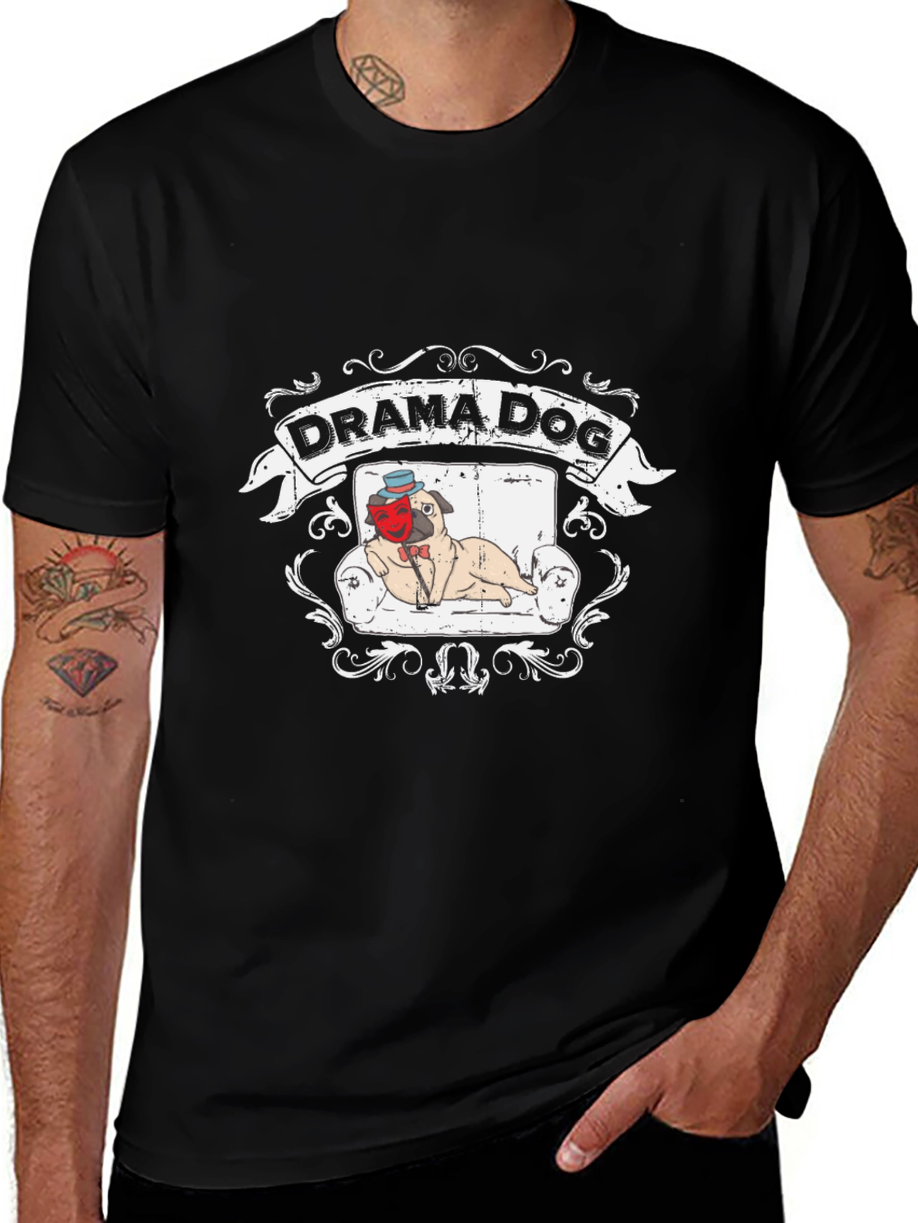 Drama Dog T-Shirt: Pug on Couch Theatrical Design