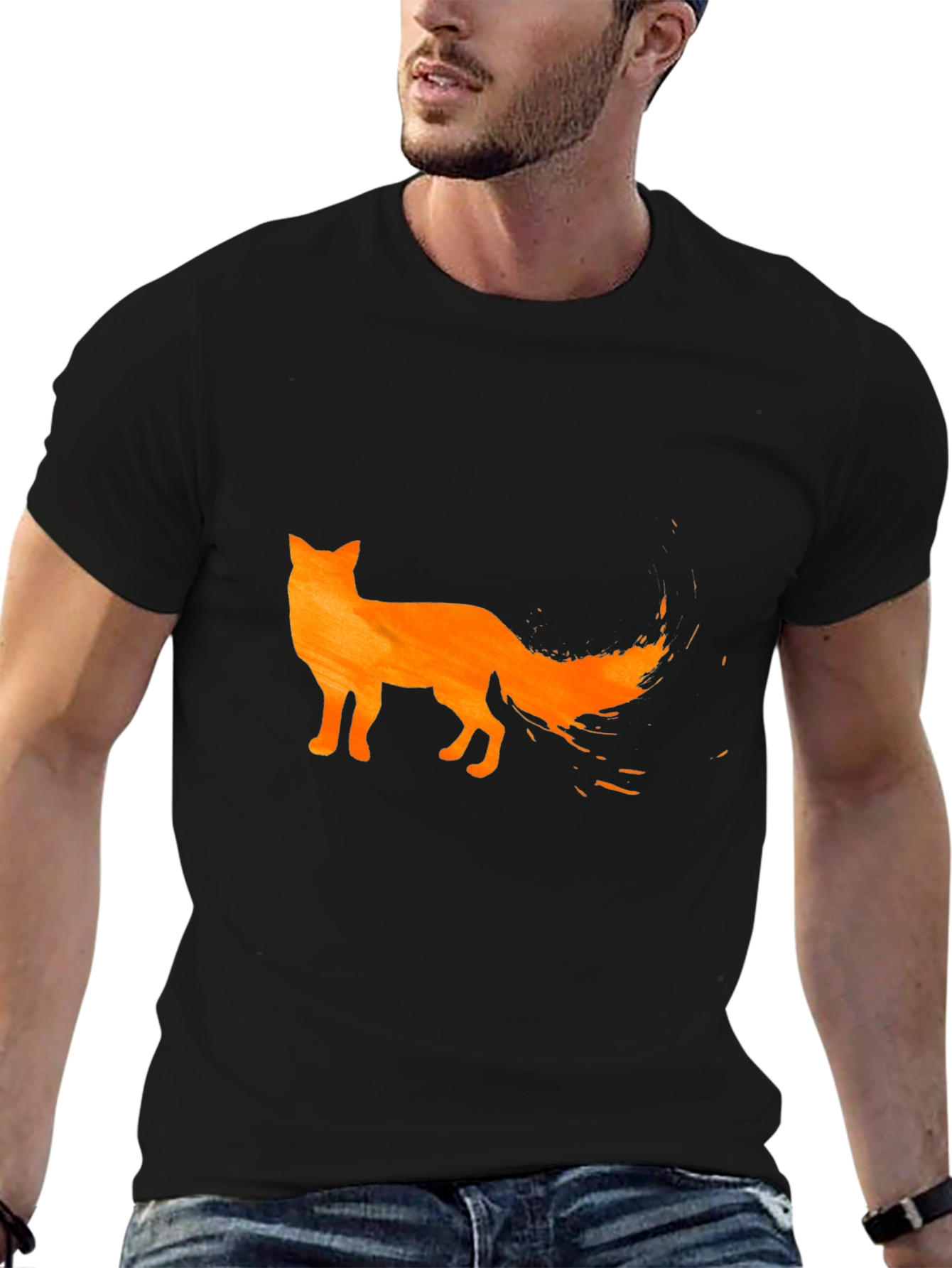 Mens Black T-Shirt with Orange Fox Design