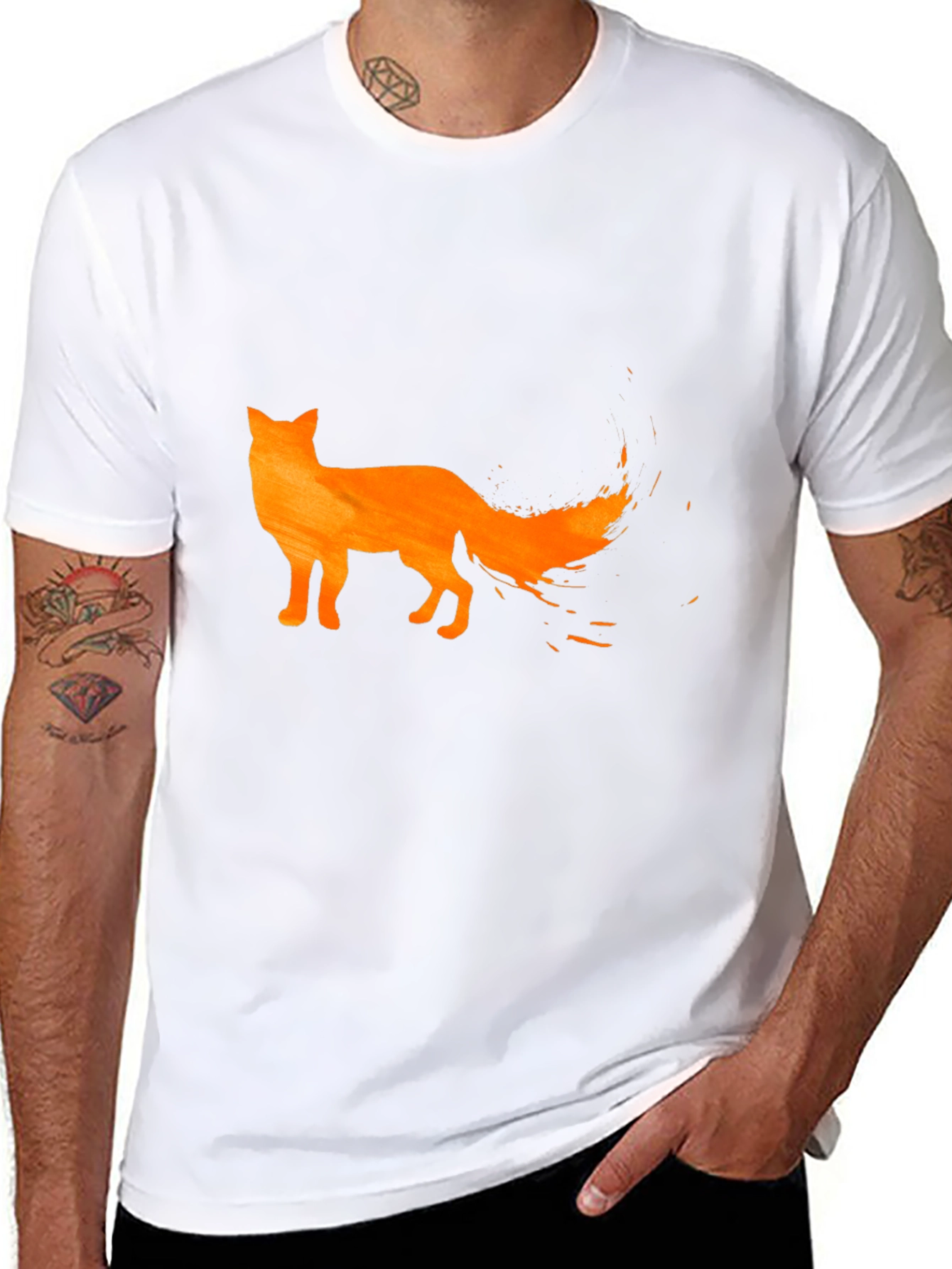 Mens Black T-Shirt with Orange Fox Design