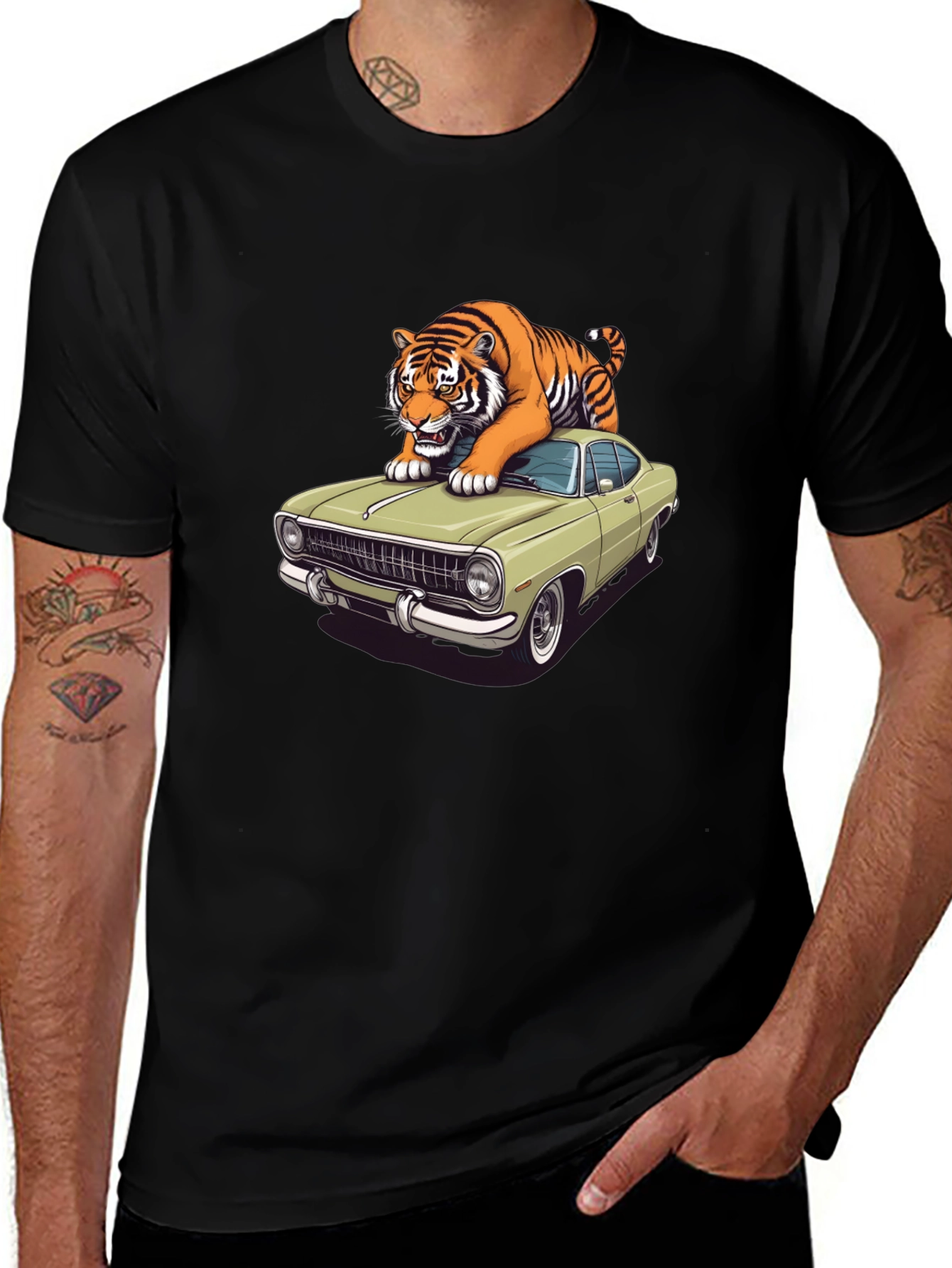 Tiger on Car Graphic T-Shirt - Cool Animal Tee