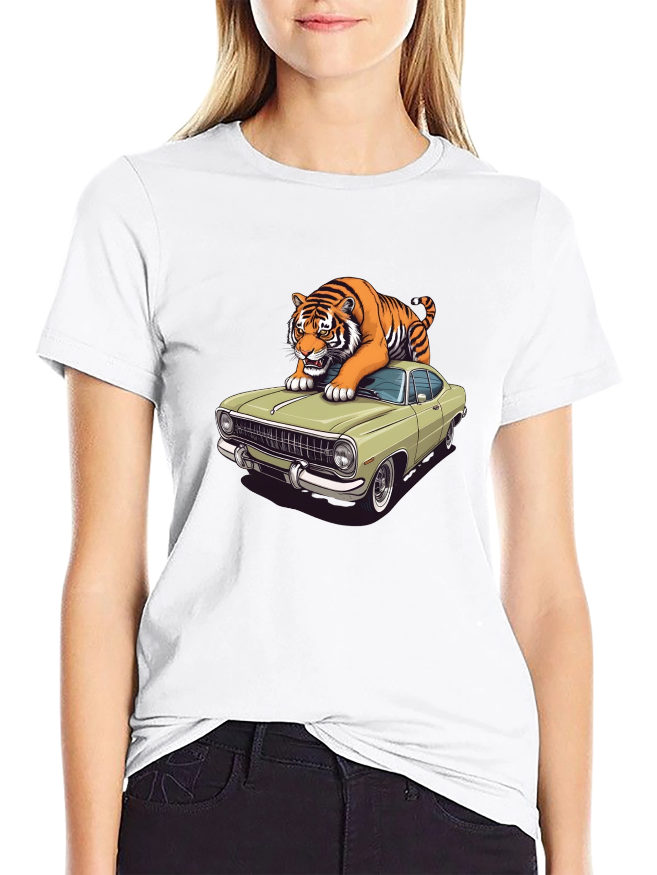 Tiger on Car Graphic T-Shirt - Cool Animal Tee
