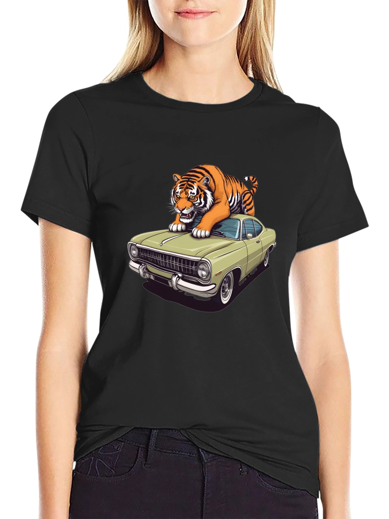 Tiger on Car Graphic T-Shirt - Cool Animal Tee