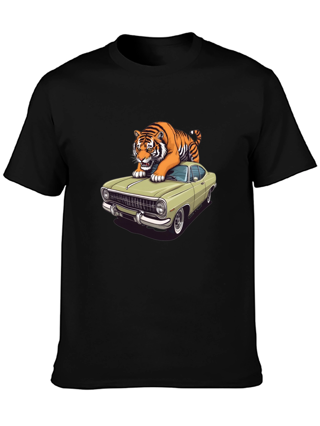 Tiger on Car Graphic T-Shirt - Cool Animal Tee