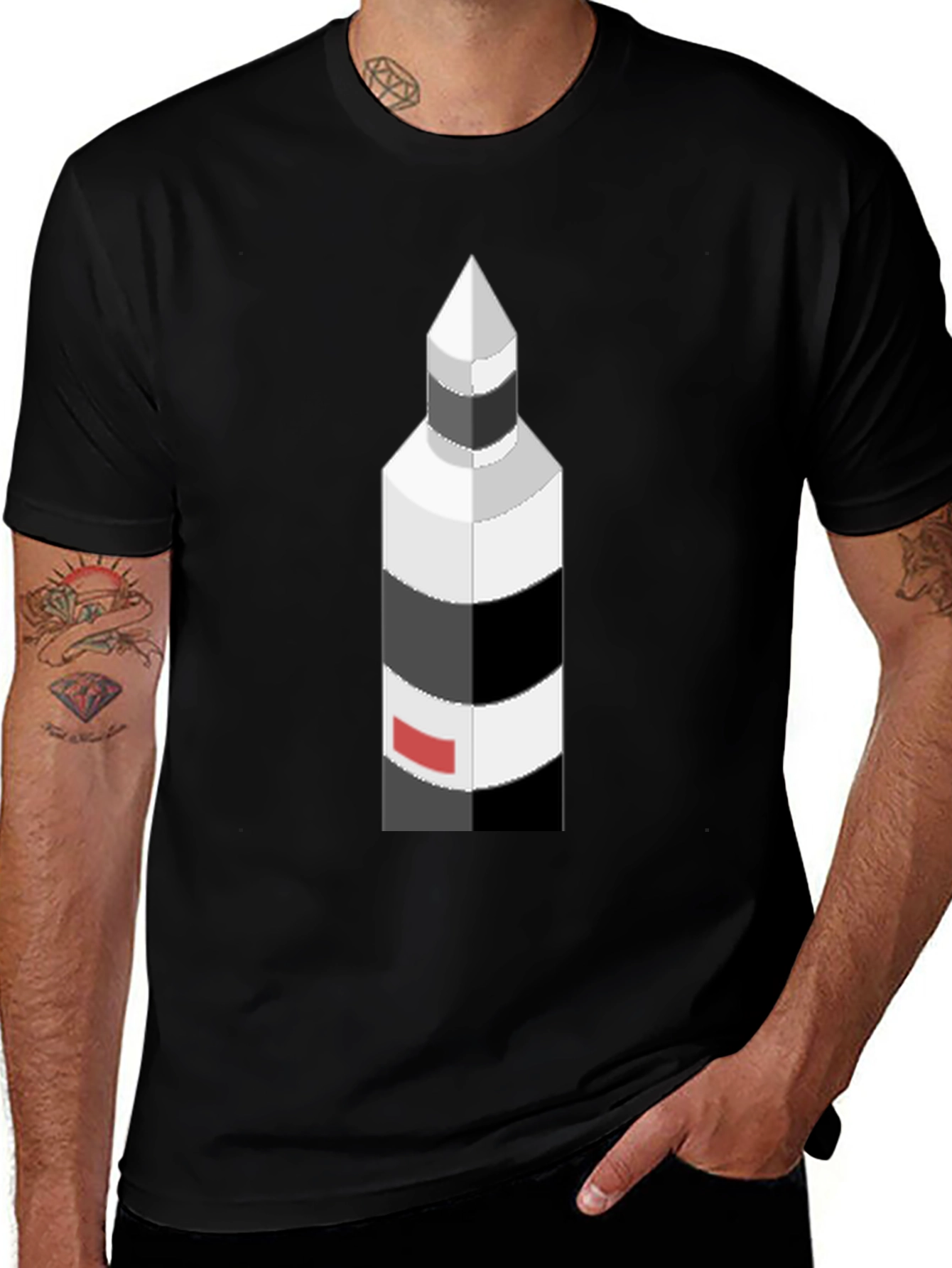 Isometric Lighthouse Graphic Tee - Black Cotton Casual Shirt