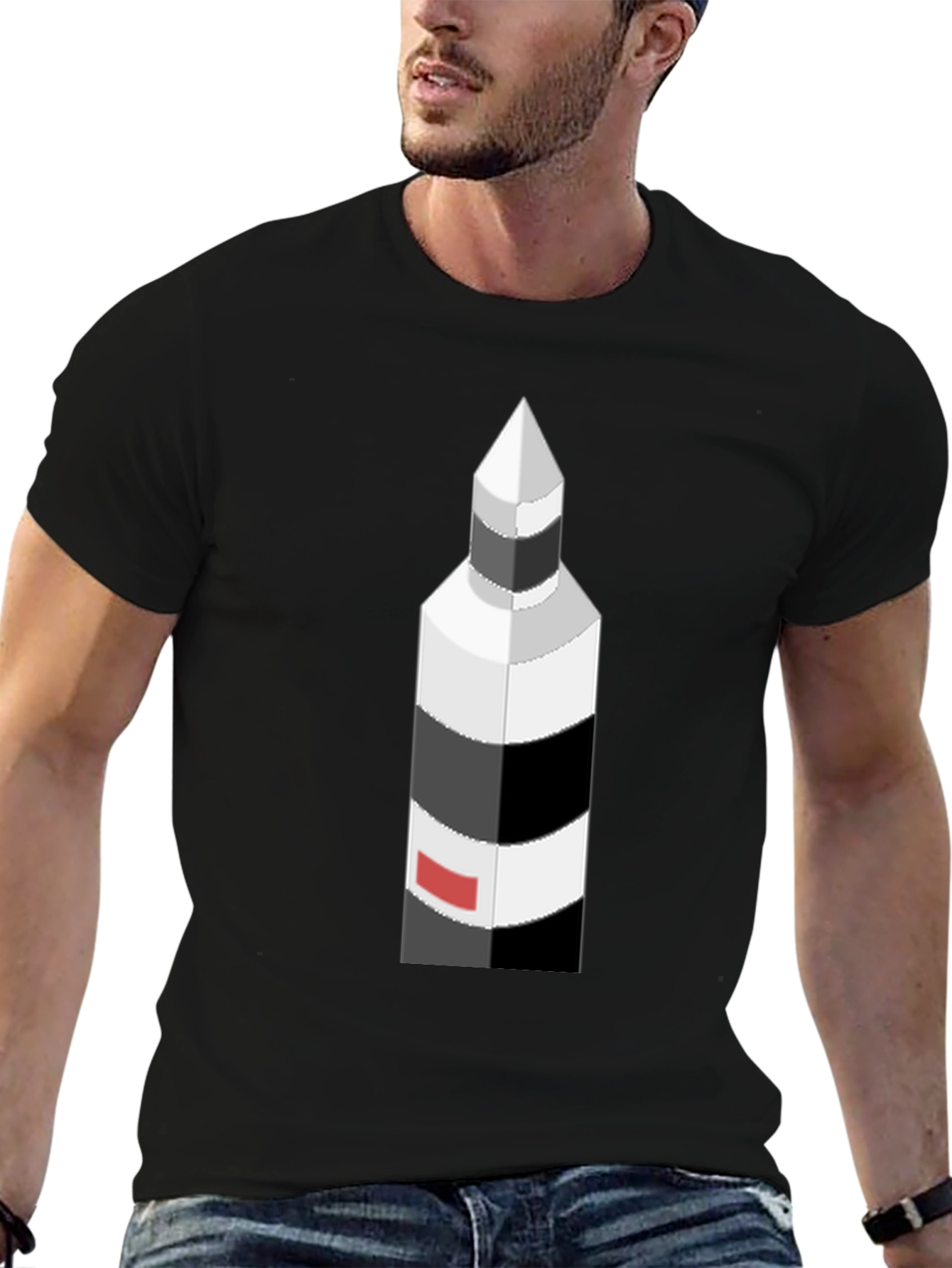 Isometric Lighthouse Graphic Tee - Black Cotton Casual Shirt
