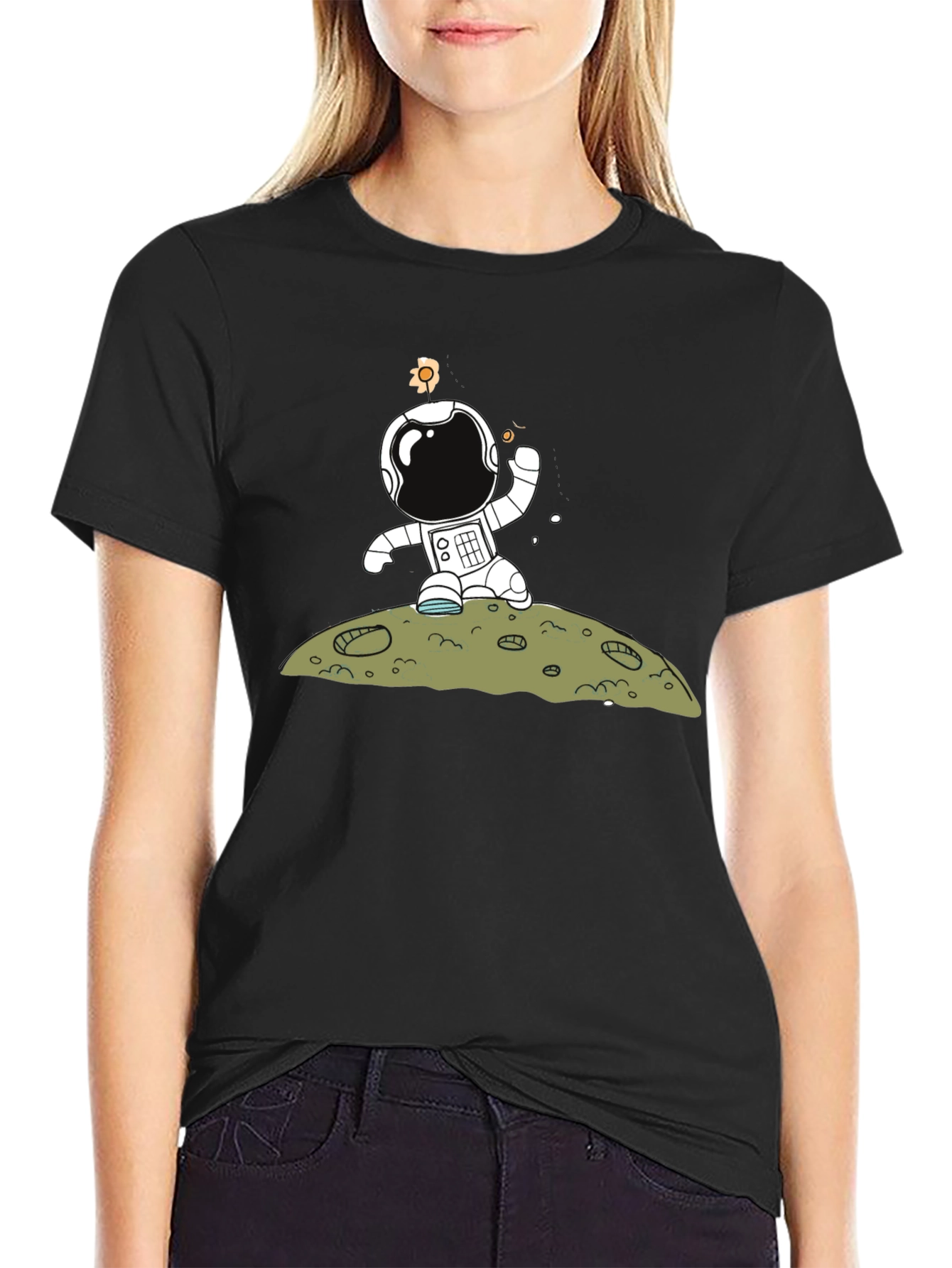 Astronaut on Moon Graphic Tee - Black Cotton