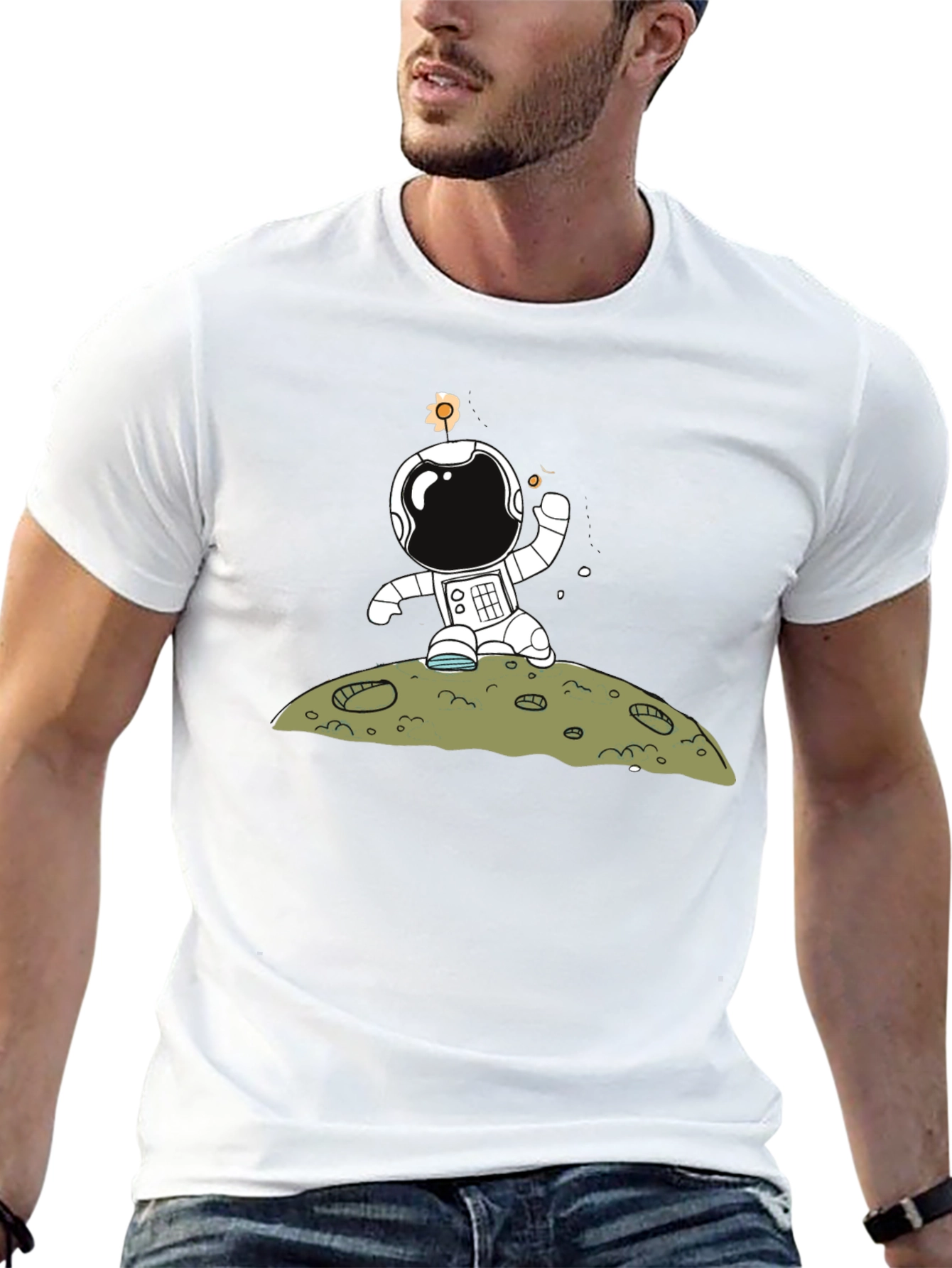 Astronaut on Moon Graphic Tee - Black Cotton