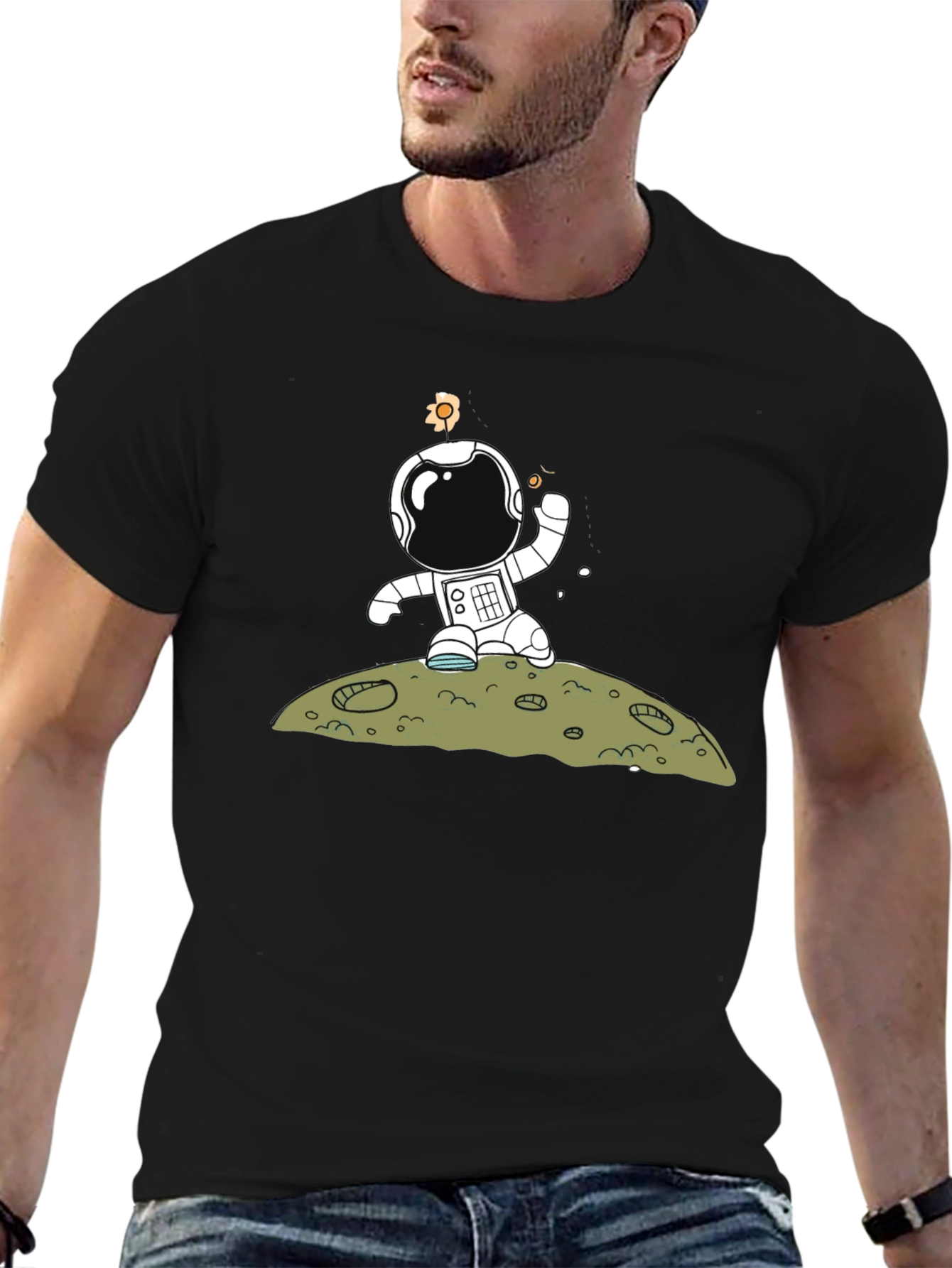 Astronaut on Moon Graphic Tee - Black Cotton