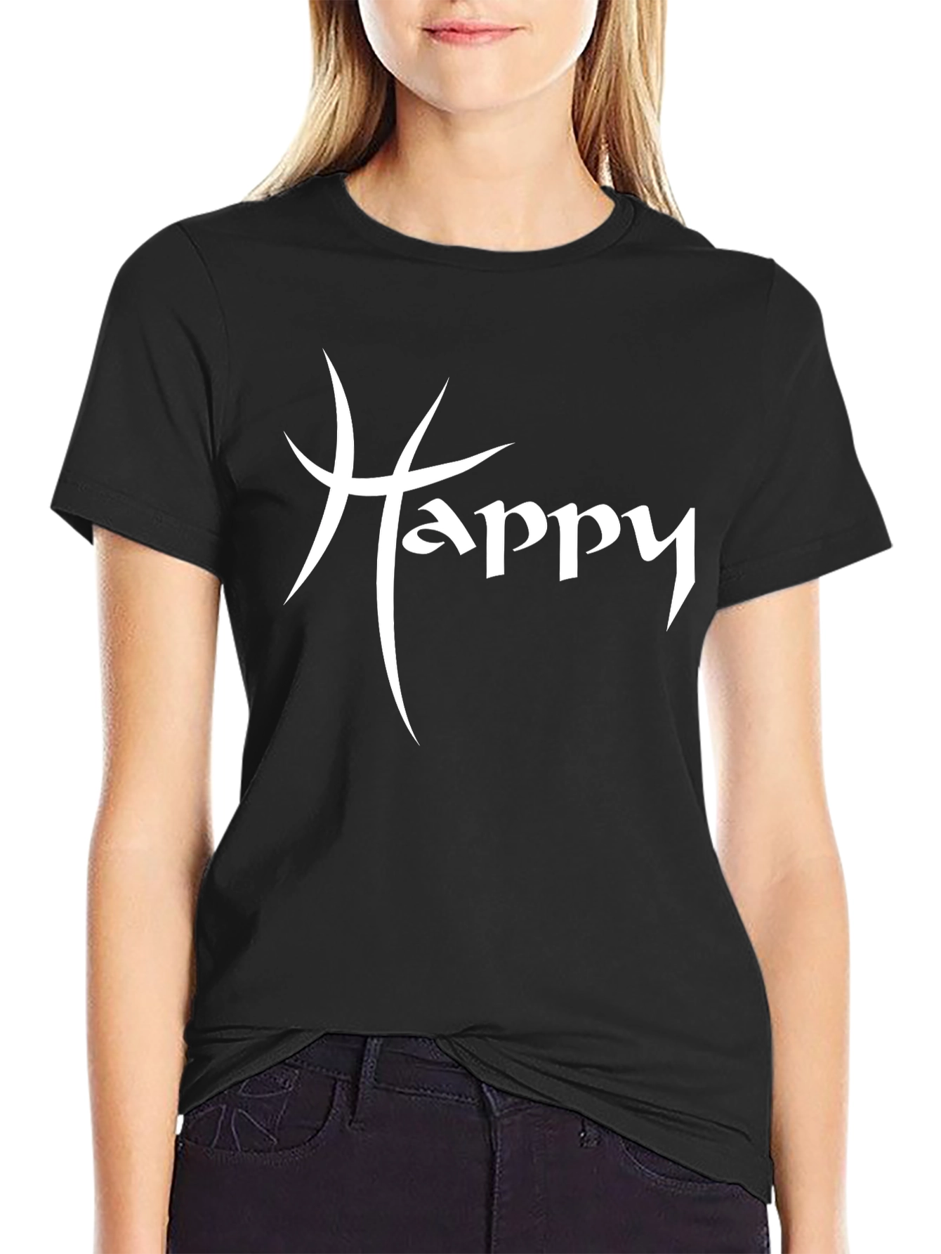 Happy Graphic Print Black Crew Neck T-Shirt