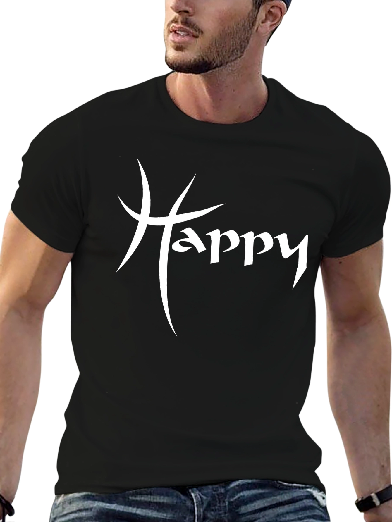 Happy Graphic Print Black Crew Neck T-Shirt