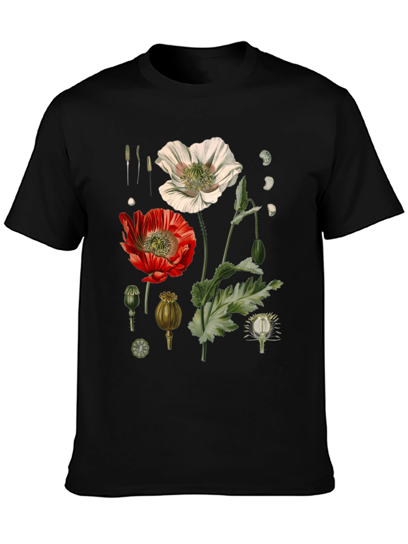 Botanical Poppy Print Black T-Shirt