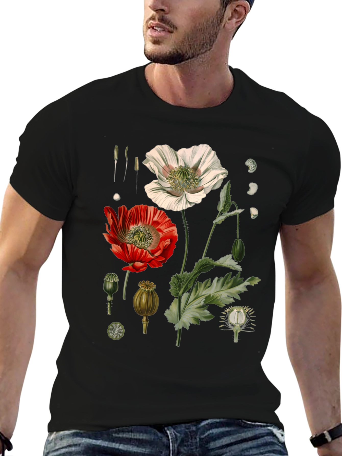 Botanical Poppy Print Black T-Shirt
