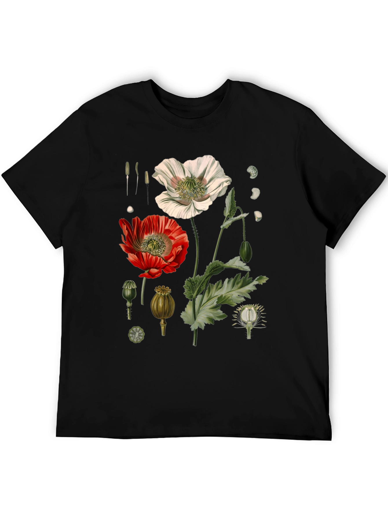 Botanical Poppy Print Black T-Shirt