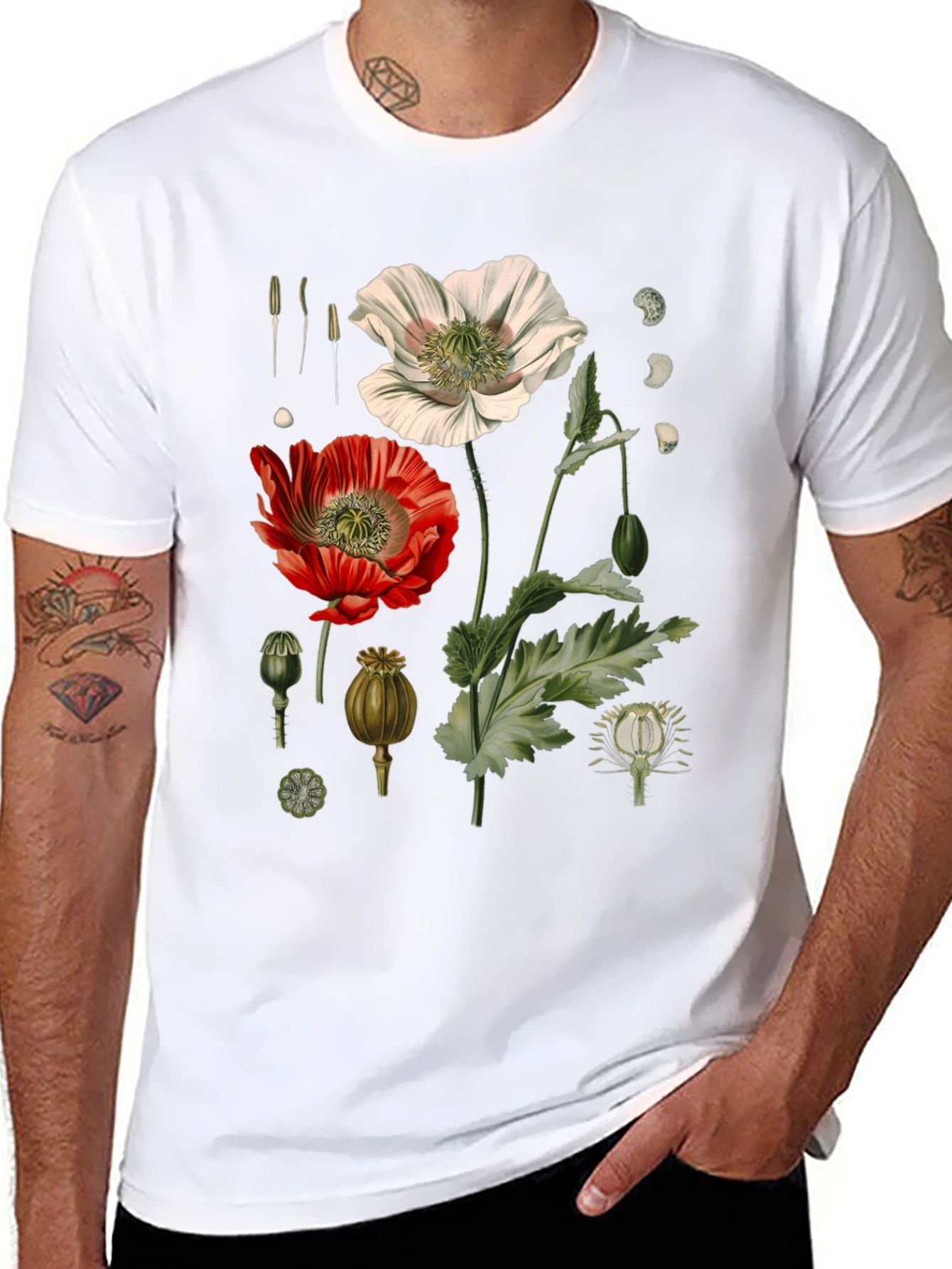 Botanical Poppy Print Black T-Shirt