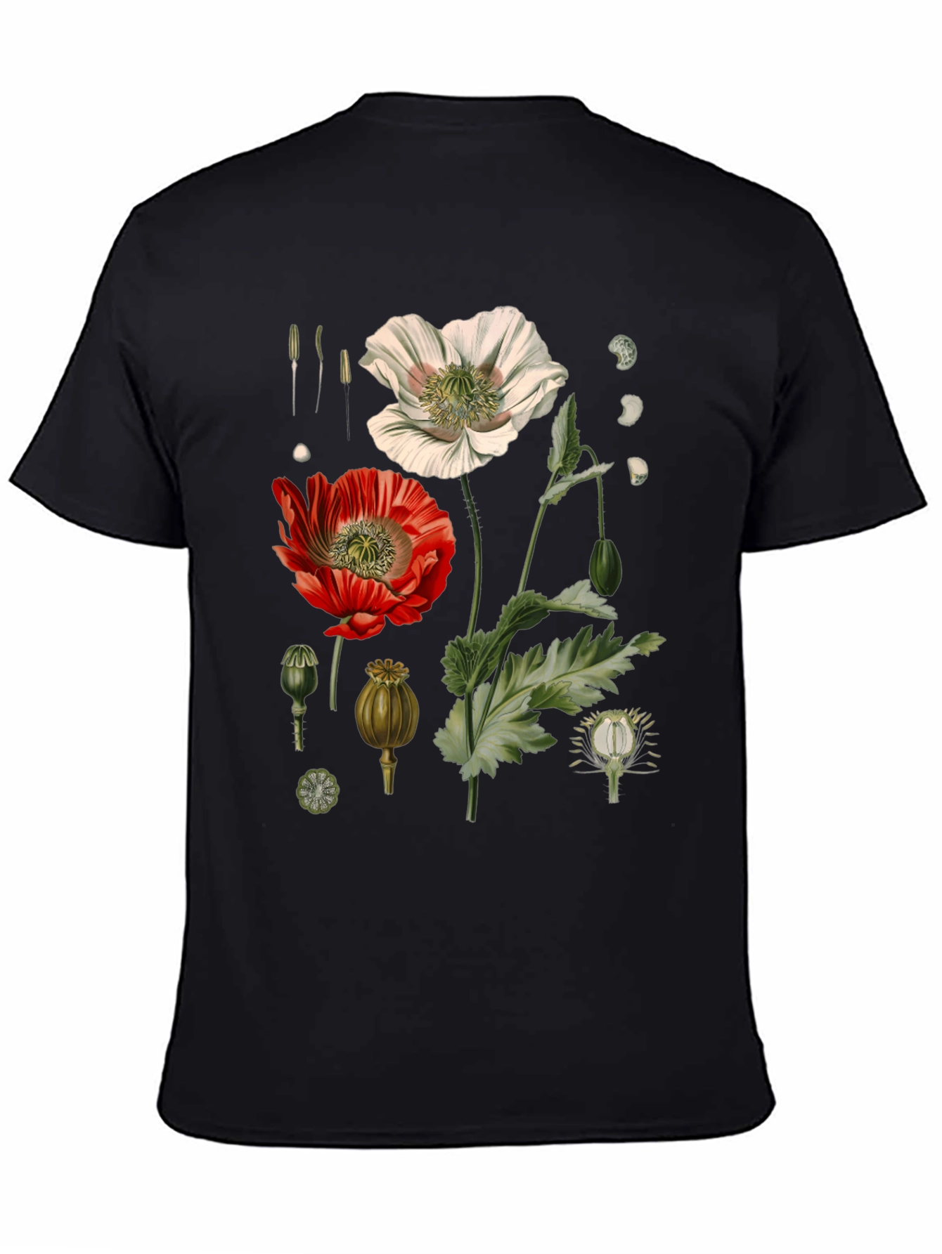 Botanical Poppy Print Black T-Shirt