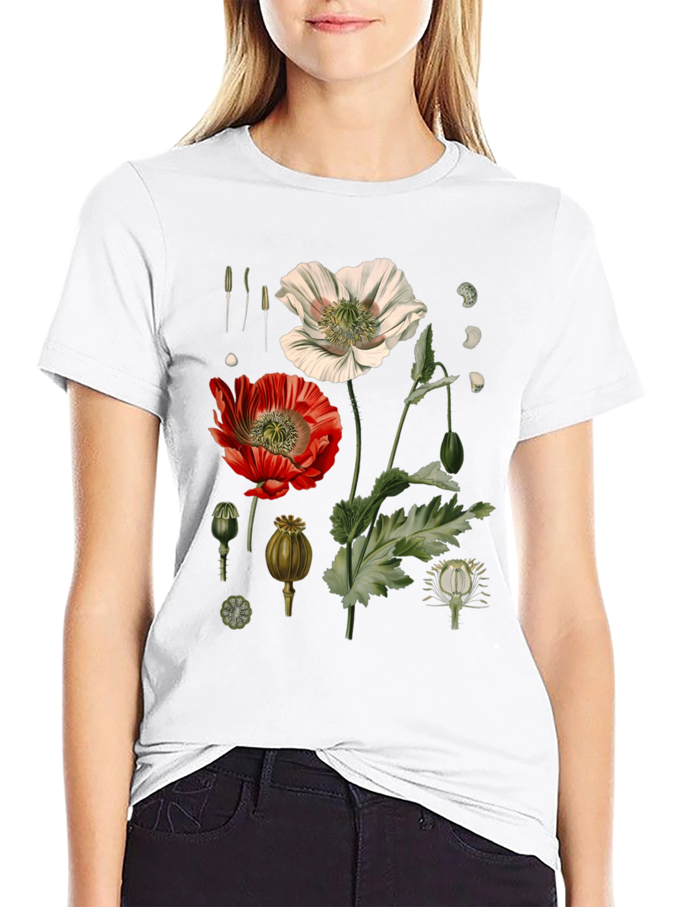 Botanical Poppy Print Black T-Shirt